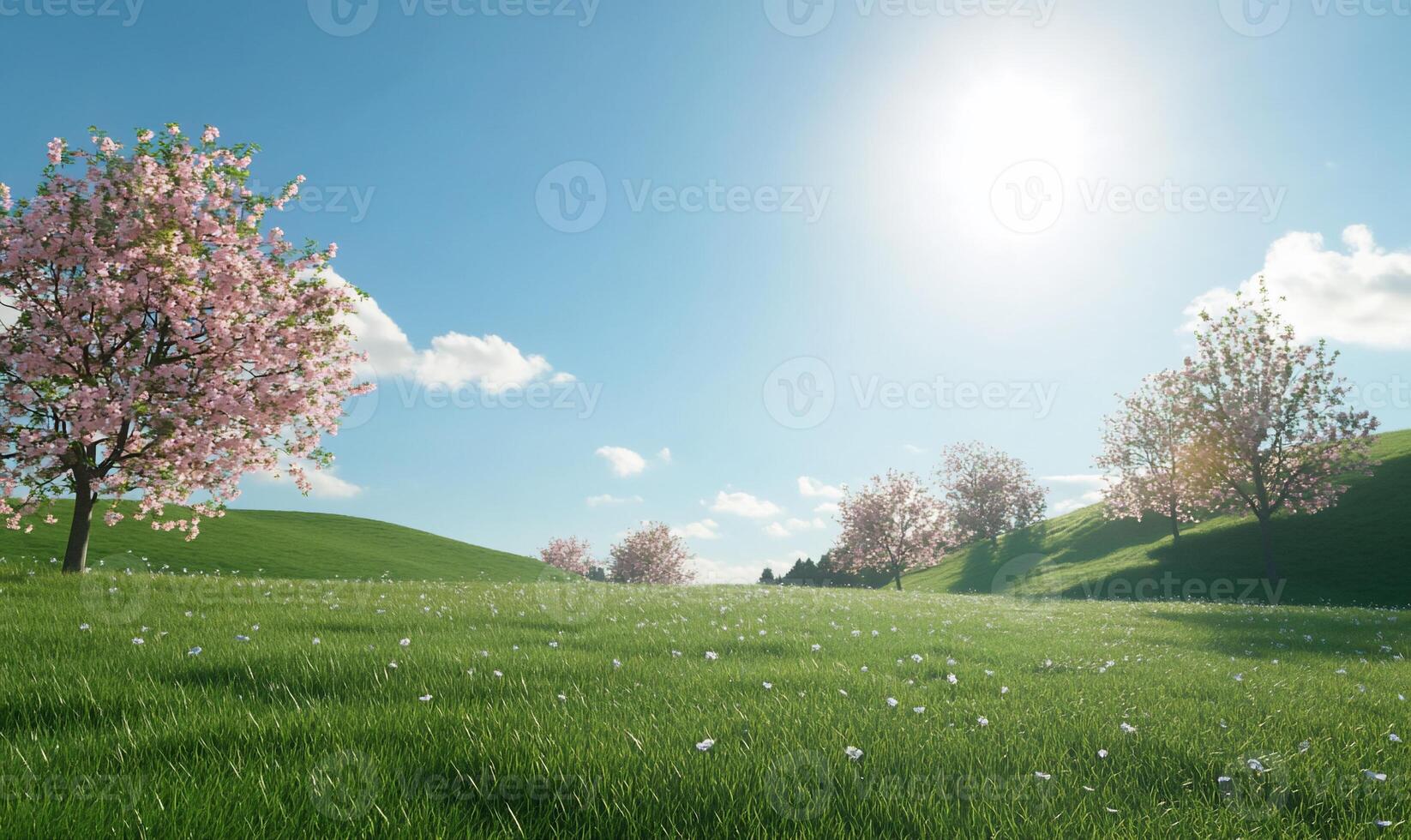 A serene landscape with blooming trees and lush green grass under sunlight. photo