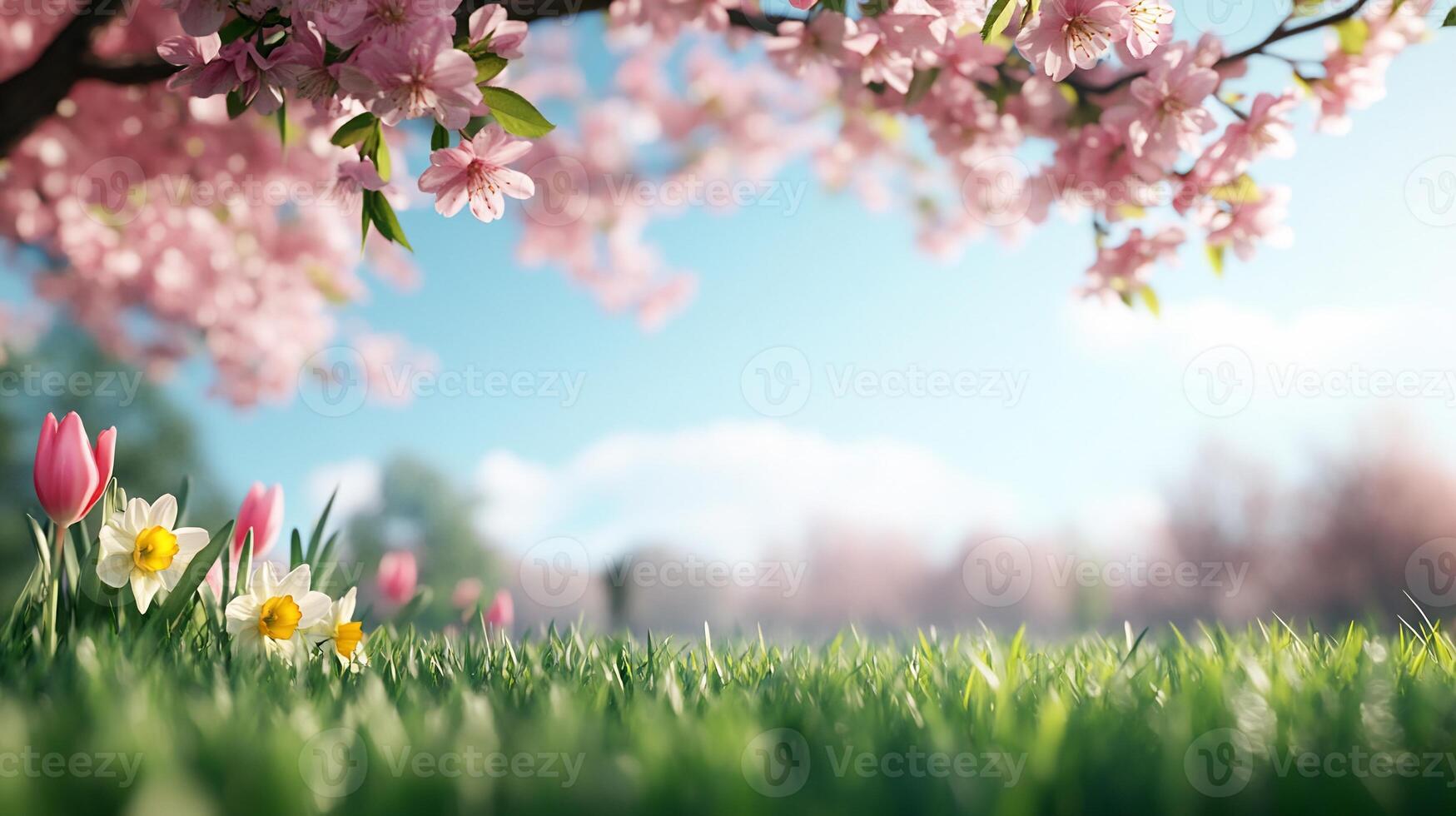 A serene spring scene with blooming flowers and vibrant grass. photo