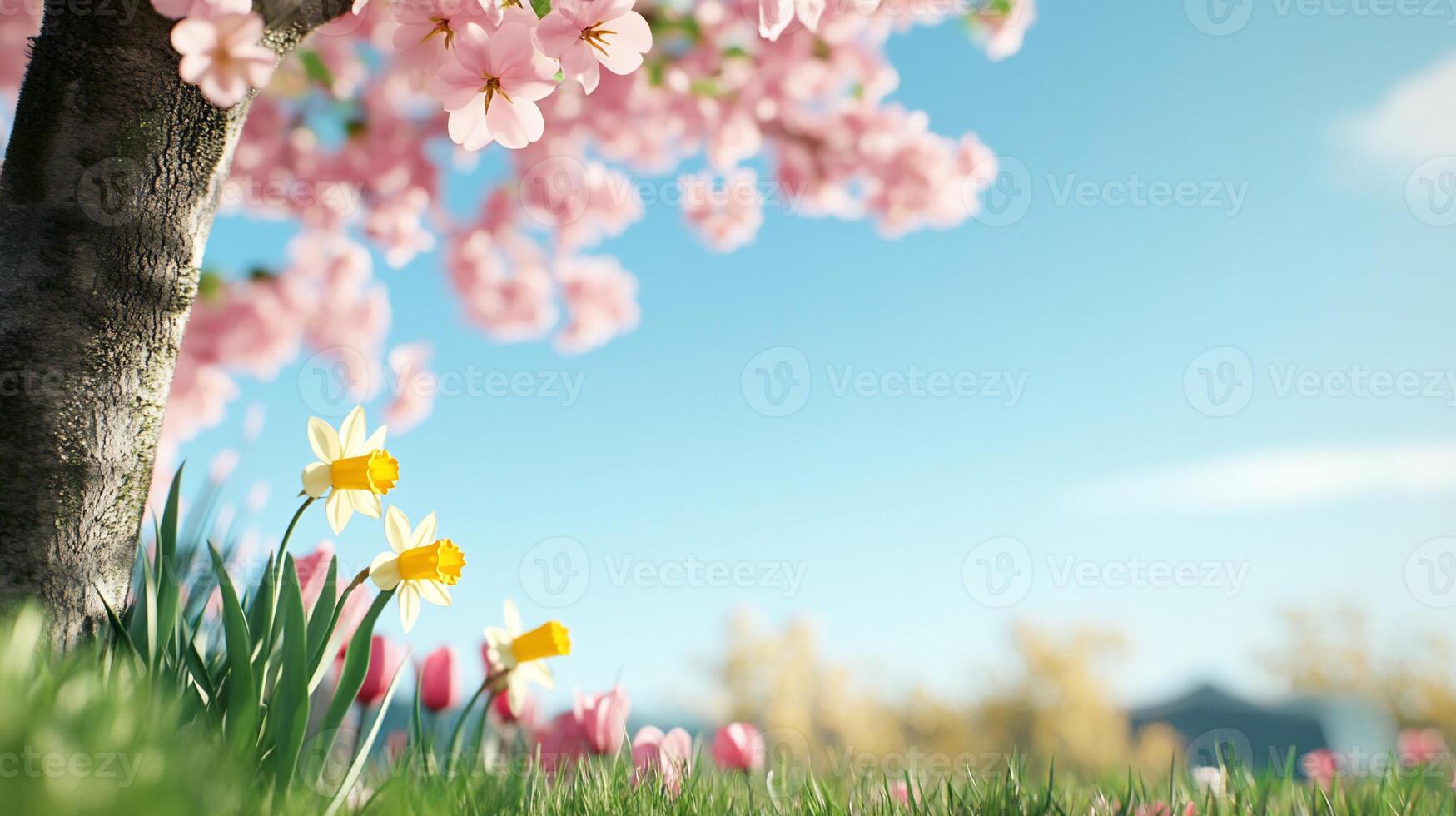 A serene spring scene with blooming flowers and a clear blue sky. photo