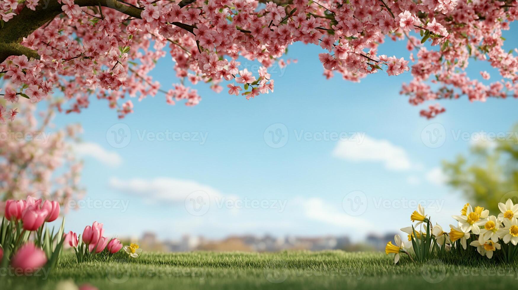 A serene spring landscape with blooming flowers and a clear sky. photo