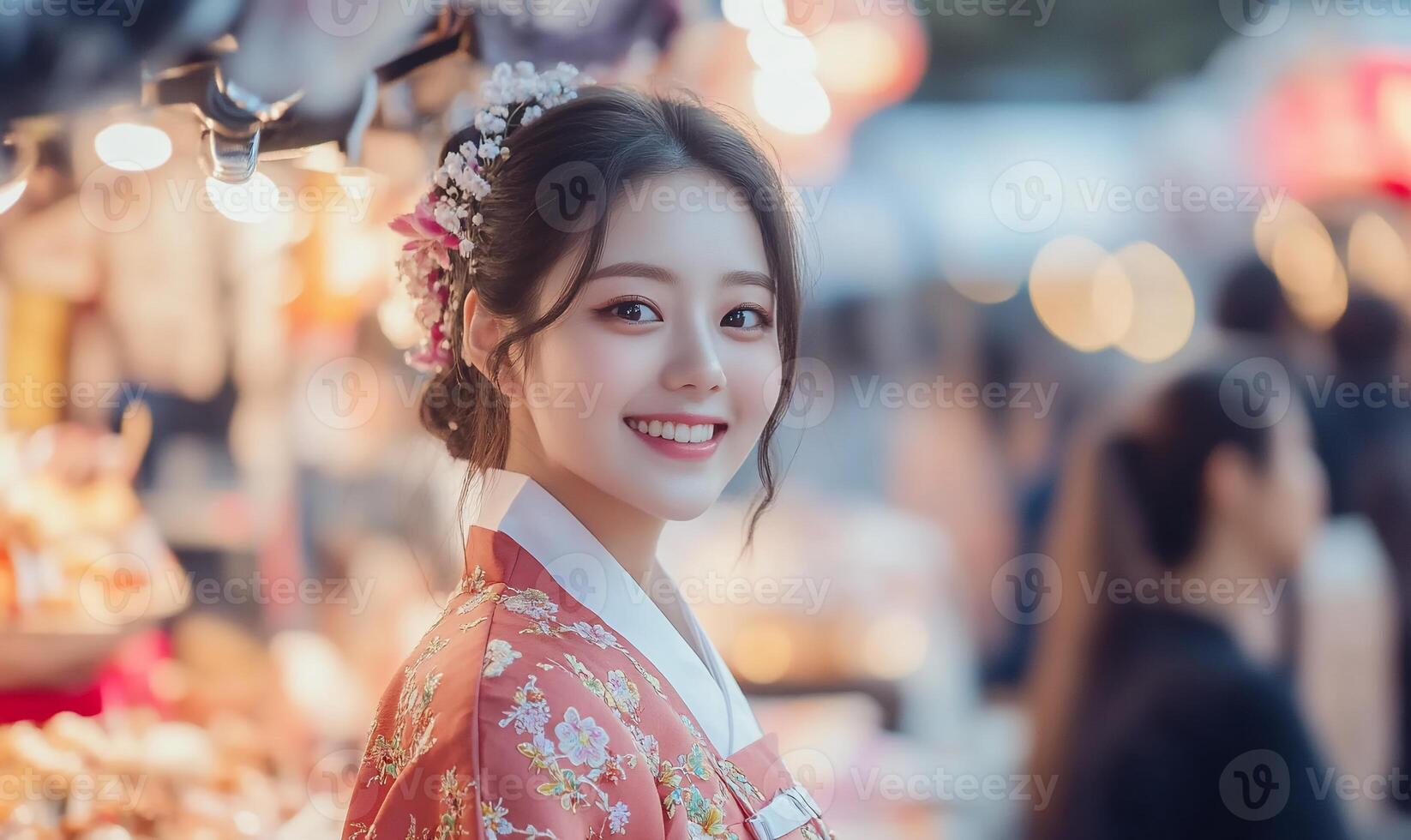 Young woman in traditional attire smiles at a vibrant market scene. photo