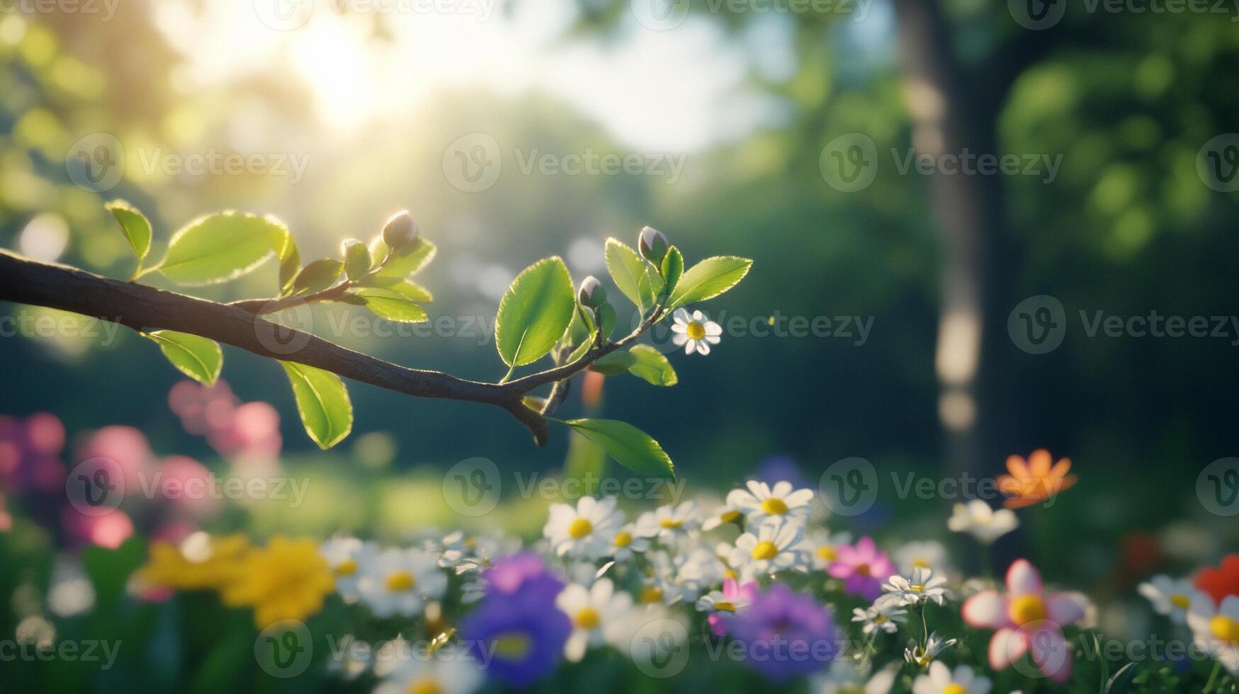 A vibrant scene of blooming flowers and greenery in a sunlit garden. photo