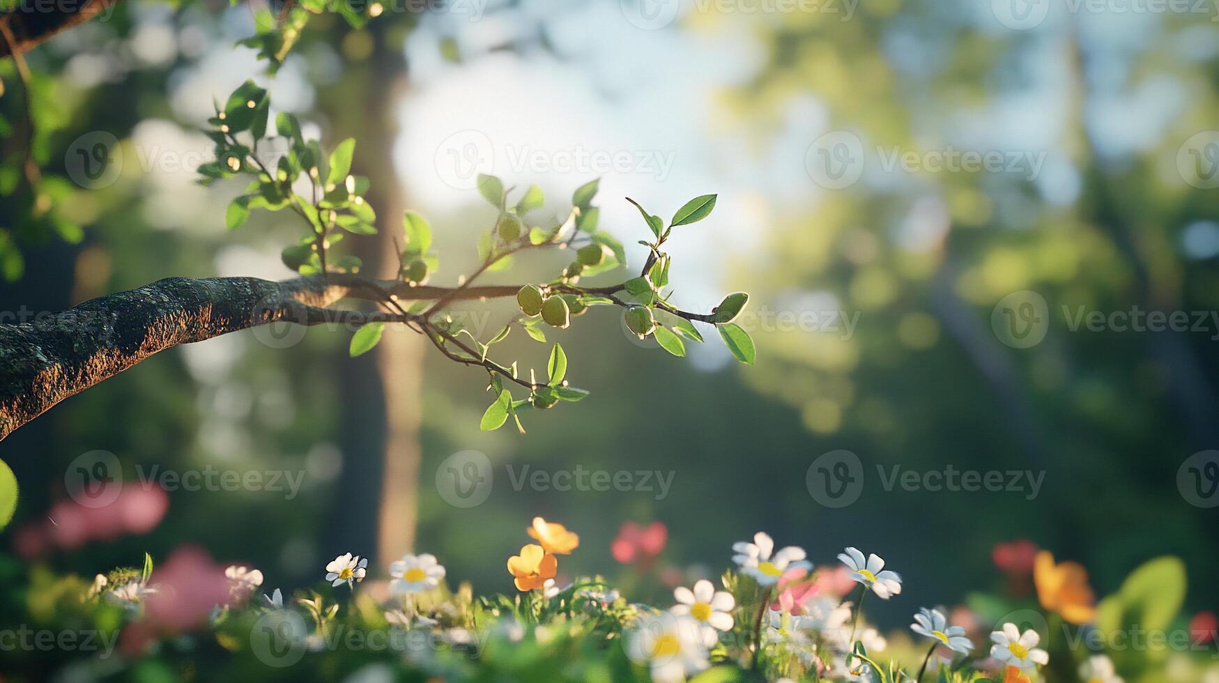 A serene forest scene with vibrant flowers and gentle sunlight. photo