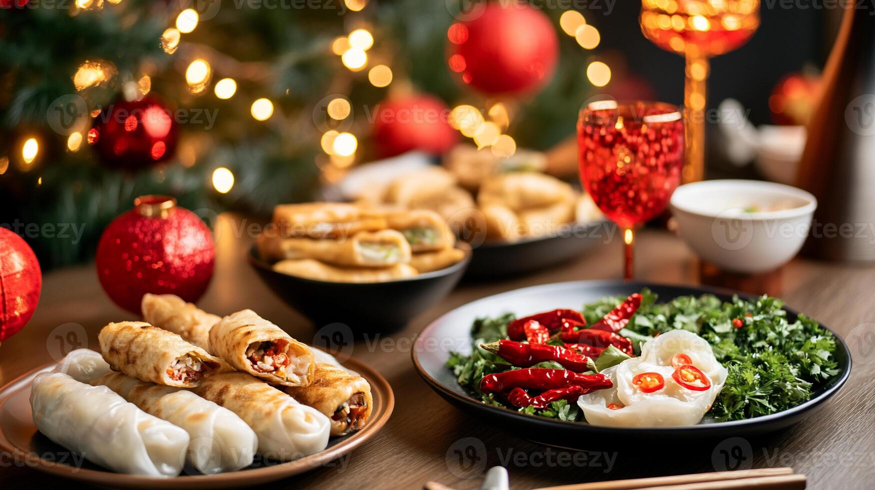 A festive table with various delicious foods and drinks for celebration. photo