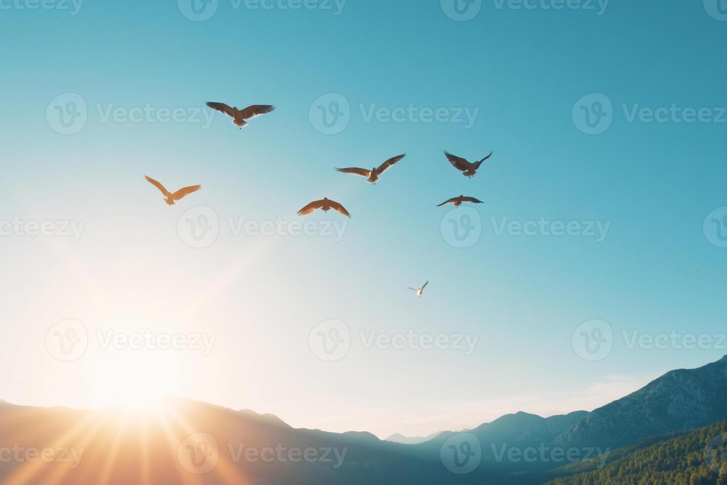 Birds flying against a bright sunrise over a mountainous landscape. photo
