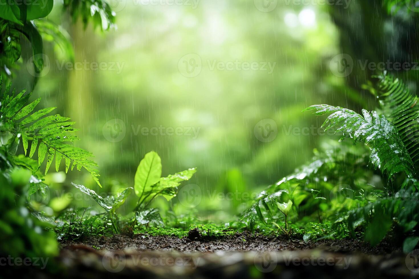 Lush rainforest scene with ferns and gentle rain. photo