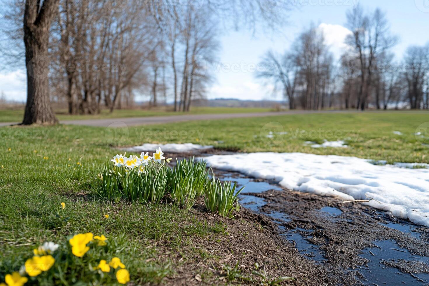 A spring scene with blooming flowers and melting snow in a park. photo