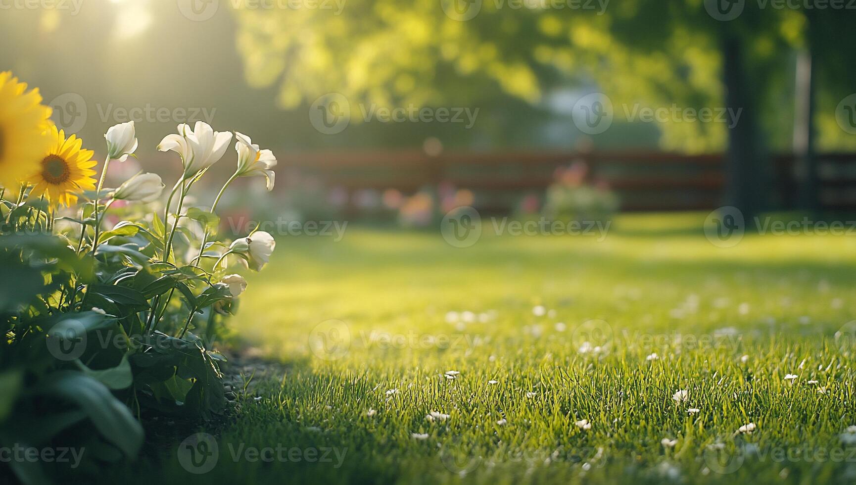 A serene garden scene with flowers and lush green grass. photo