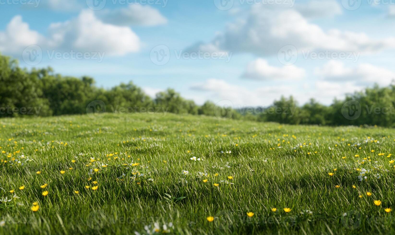 A serene meadow with lush grass and blooming wildflowers under a blue sky. photo