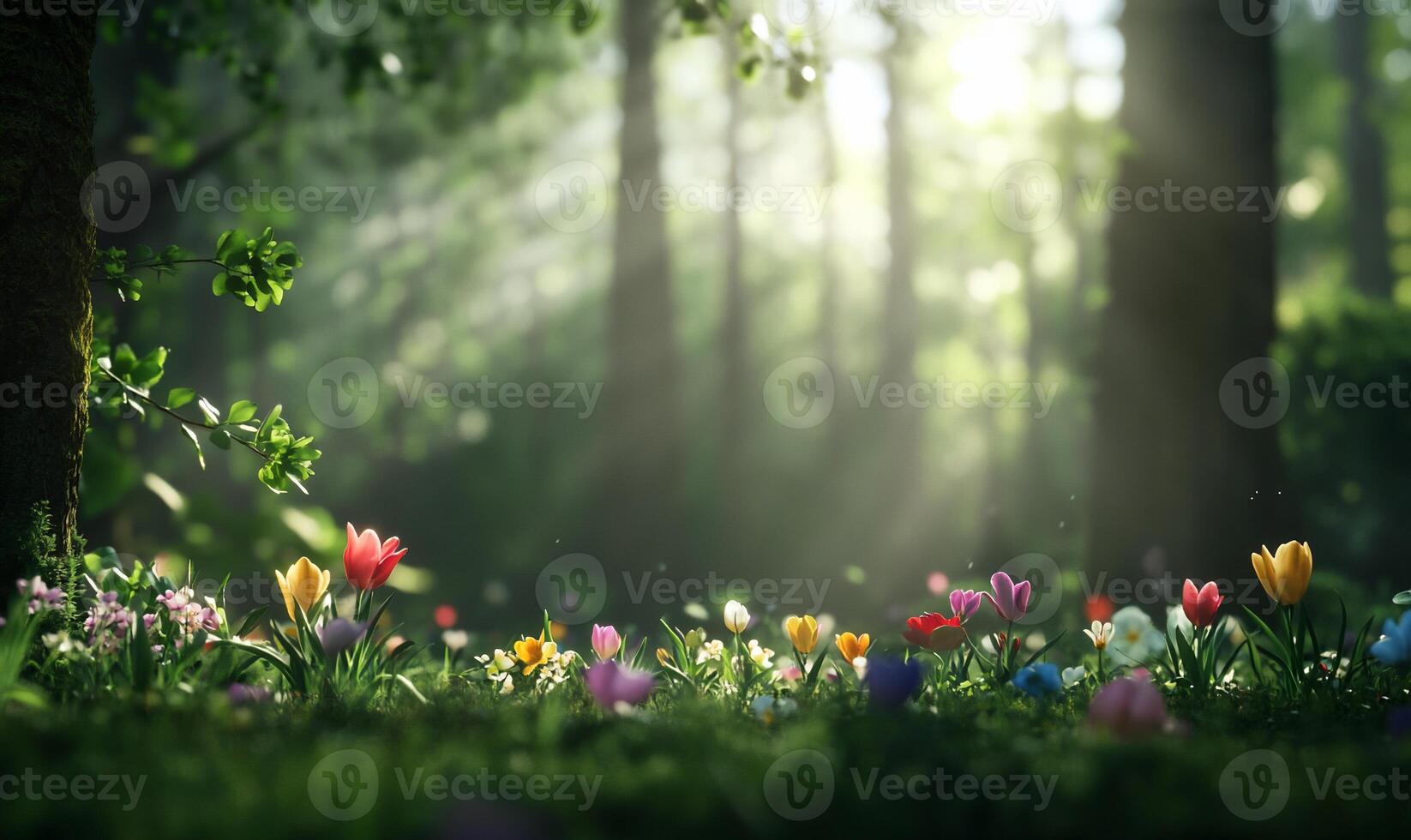 A serene forest scene filled with colorful flowers and soft sunlight. photo