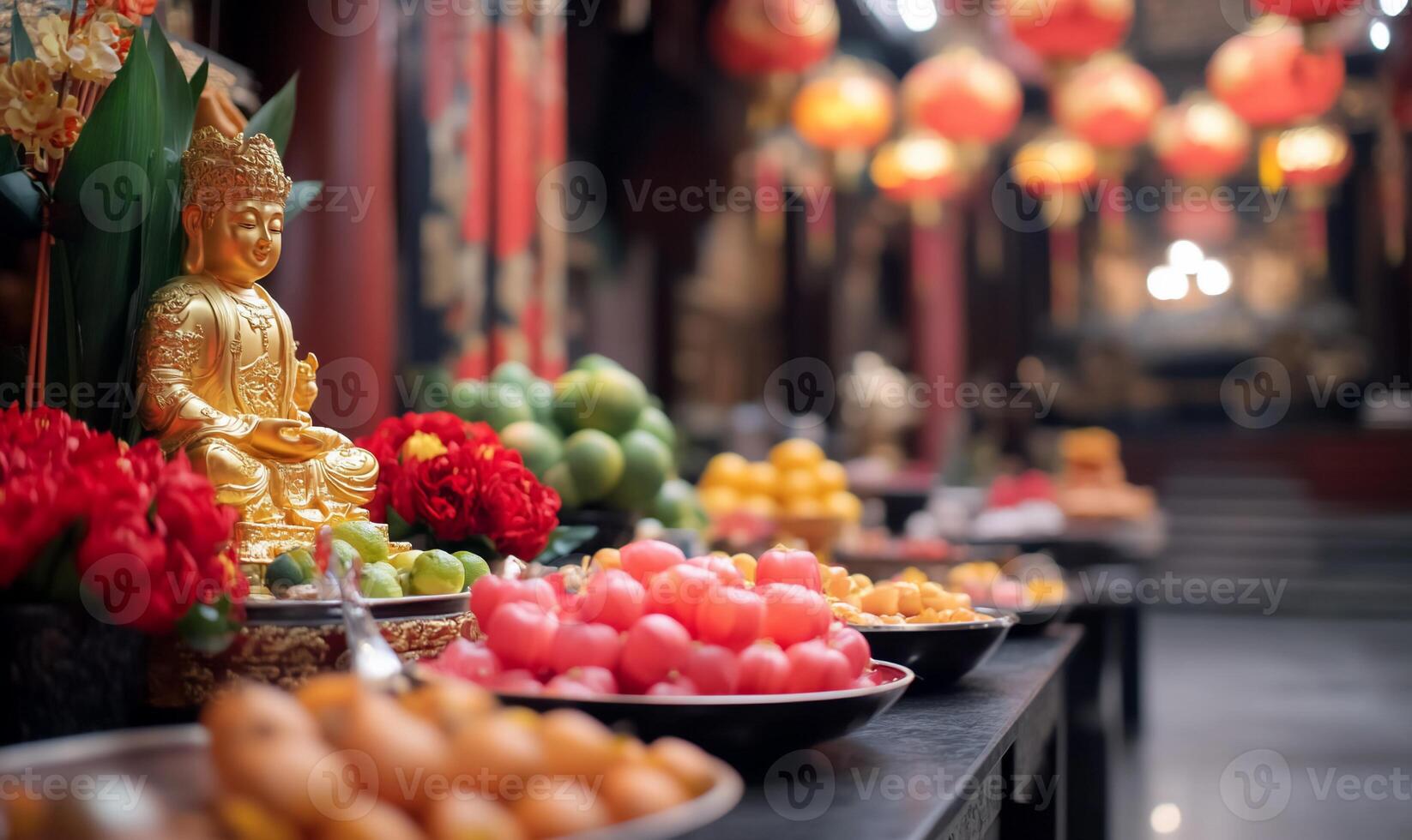 A serene altar adorned with fruits and a golden Buddha statue. photo