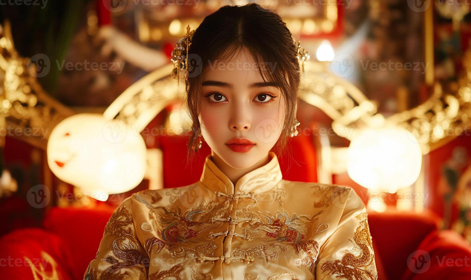 A young woman in traditional attire poses elegantly in a richly decorated setting. photo