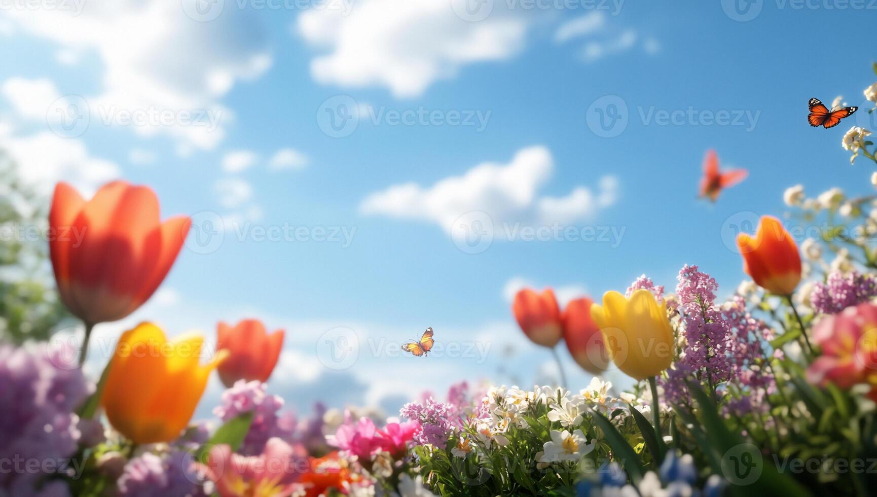 A vibrant spring landscape filled with colorful flowers and butterflies. photo