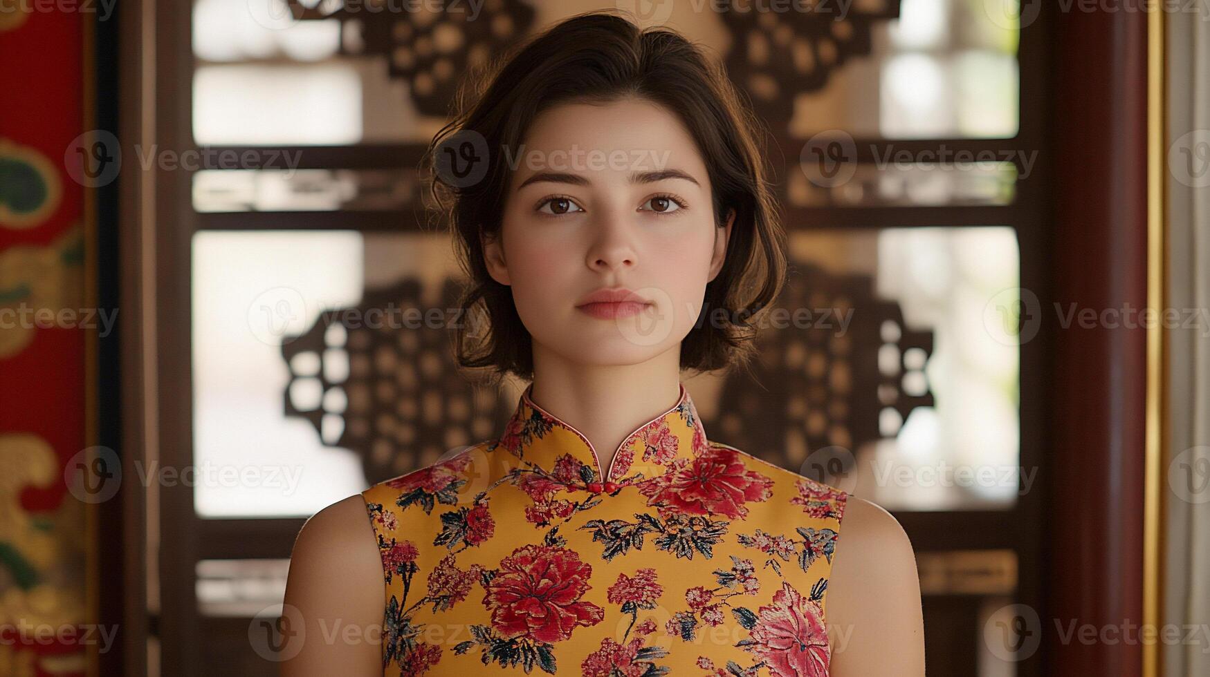 A young woman in a floral dress poses in a traditional setting. photo