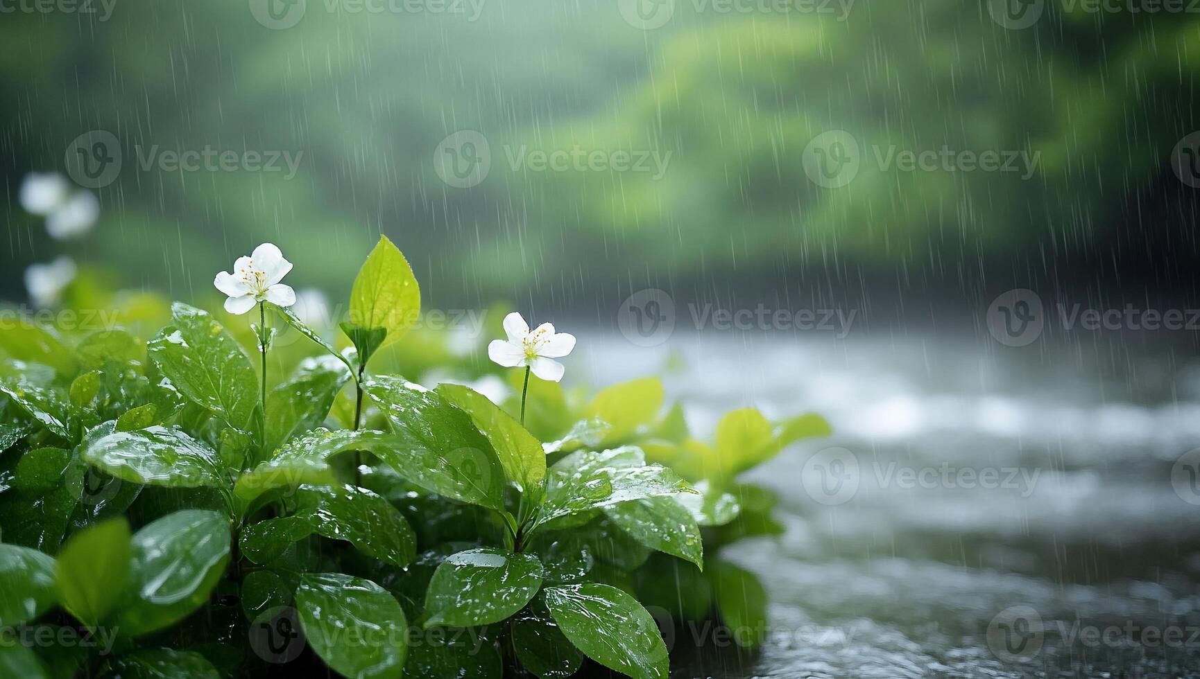 A serene scene of flowers and leaves in the rain by a flowing stream. photo