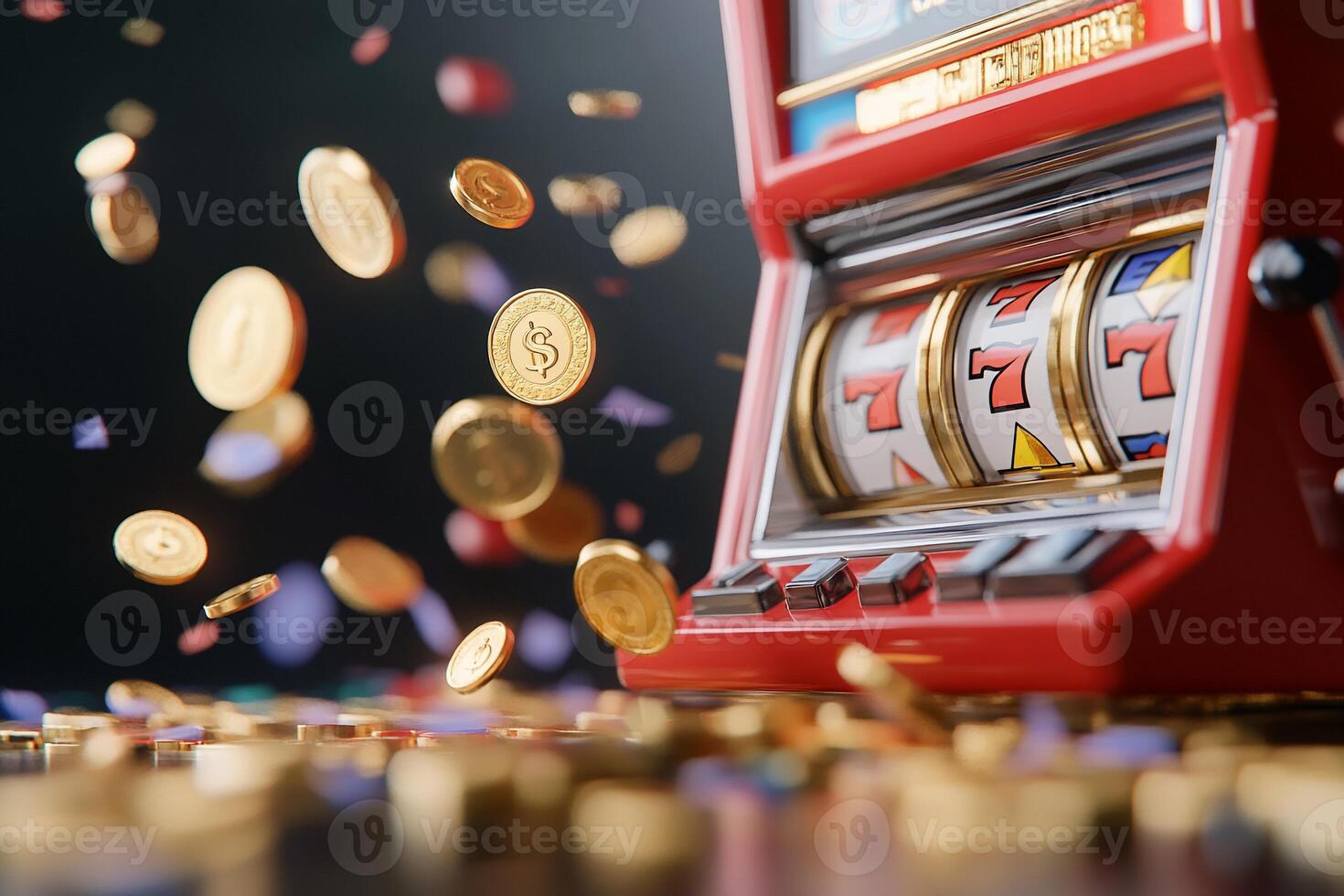 A colorful slot machine with coins and confetti scattered around. photo