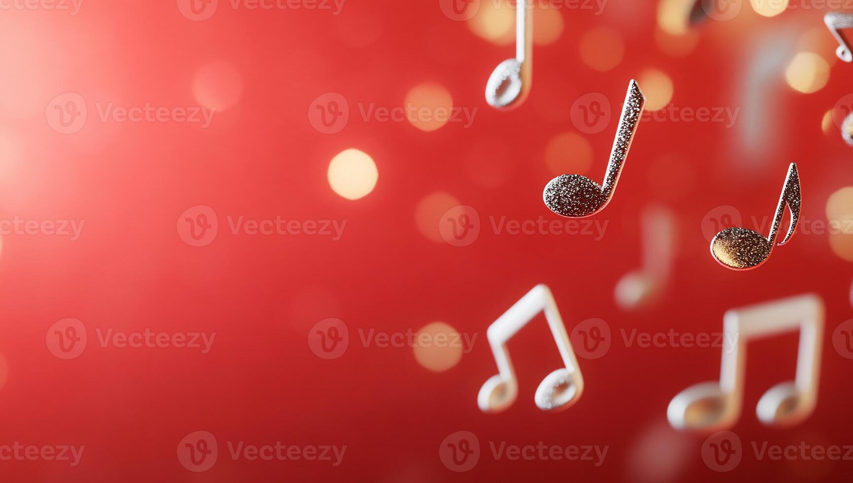 Abstract music notes against a vibrant red background with bokeh lights. photo