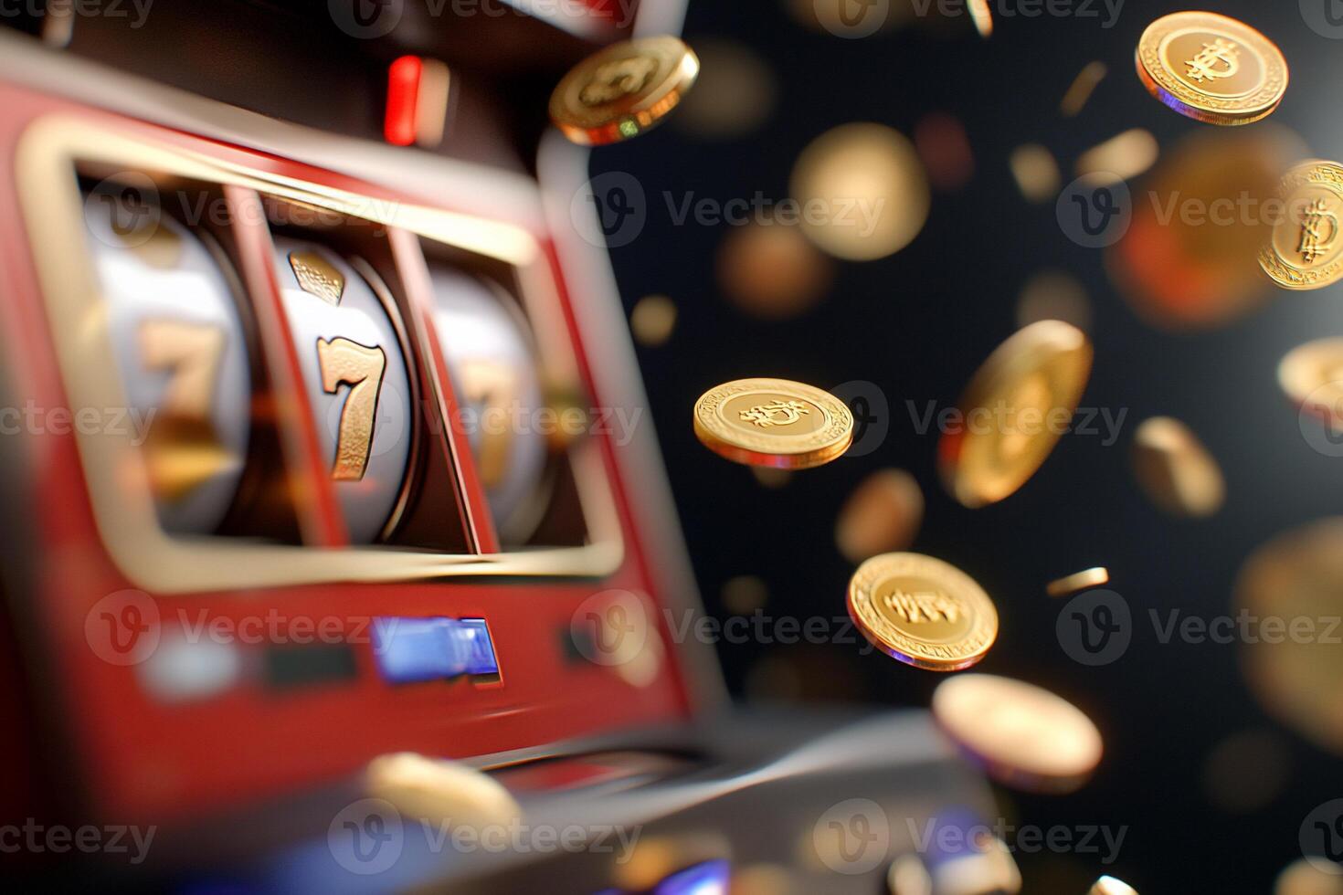 A close-up of a slot machine with coins and jackpots. photo