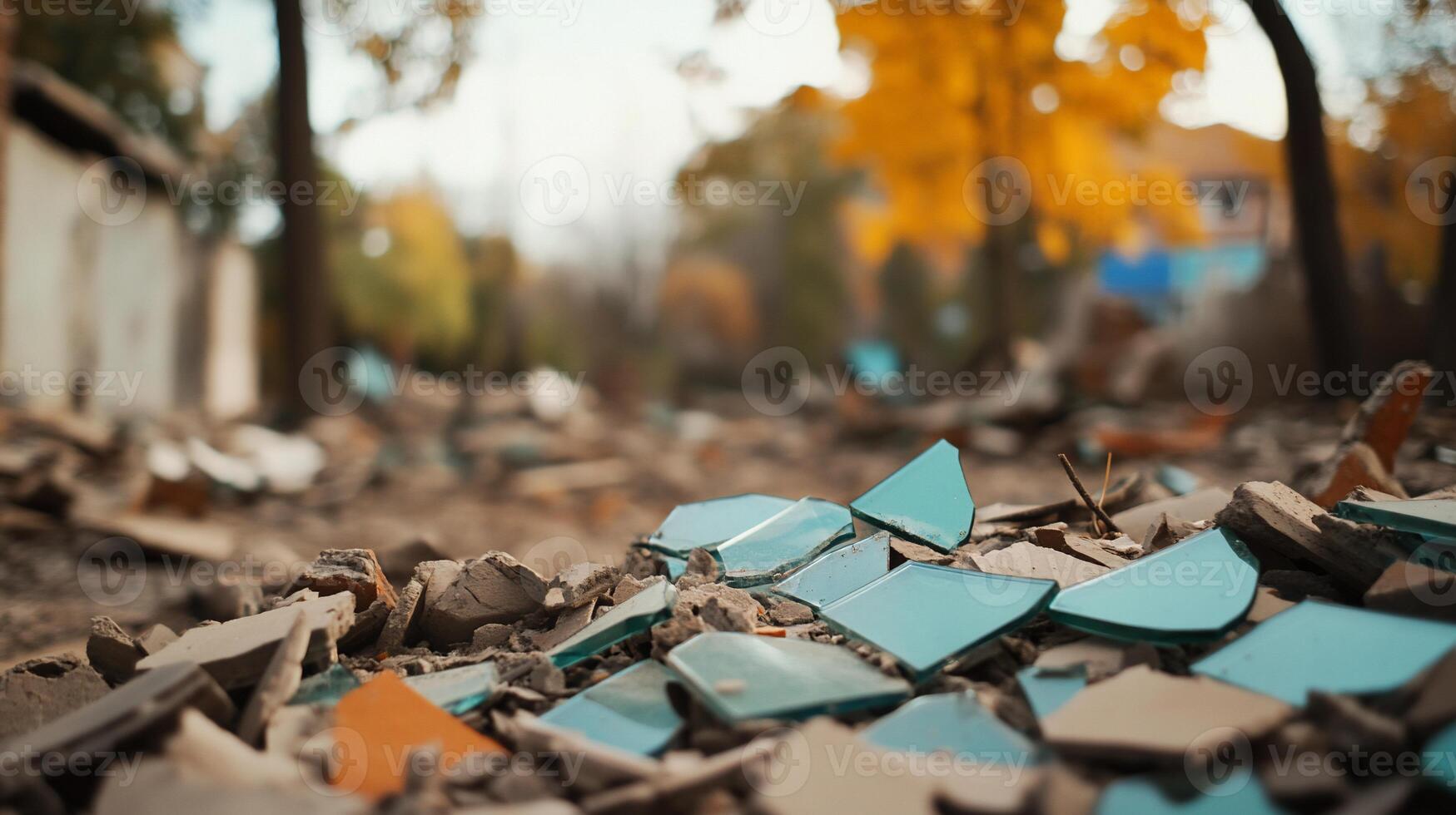 A close-up of shattered tiles amidst a desolate, overgrown area. photo