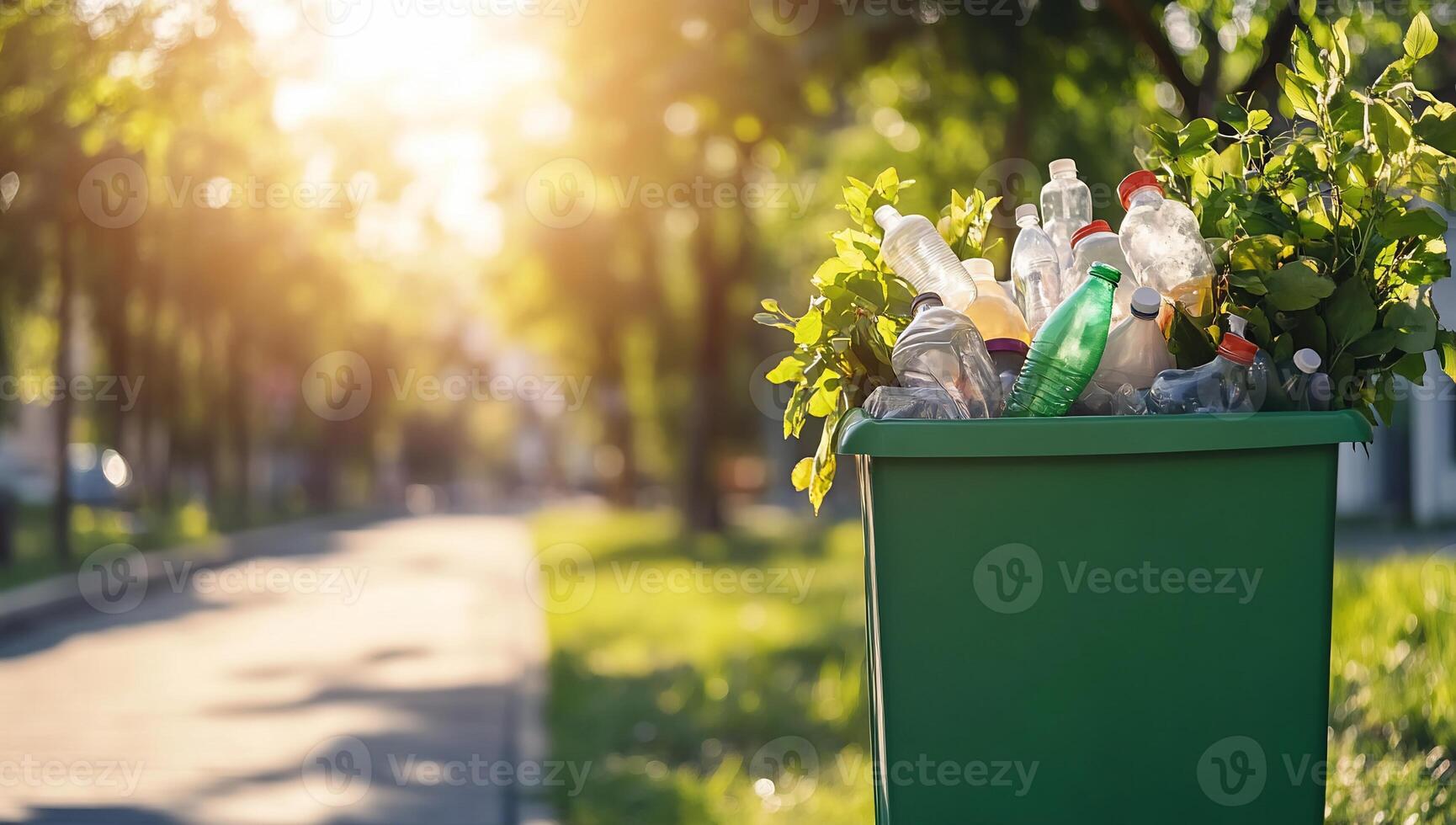 A green trash bin overflowing with plastic waste and greenery in sunlight. photo