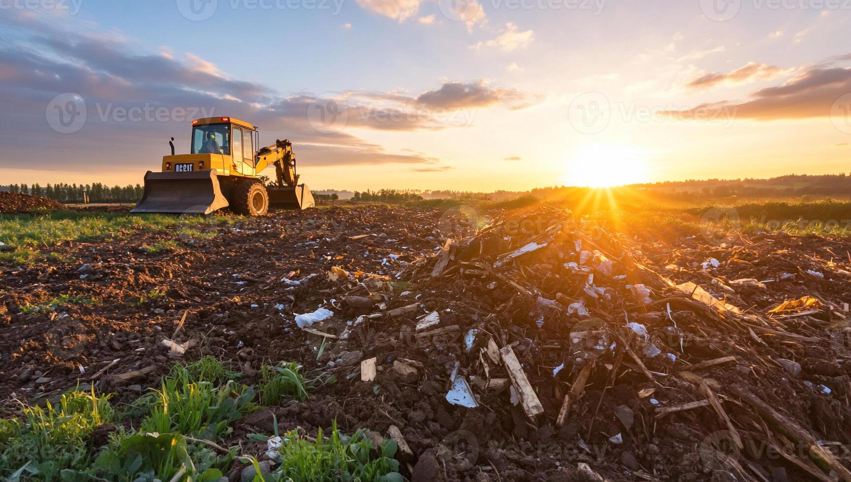 A bulldozer working on a field at sunset, with a pile of debris nearby. photo