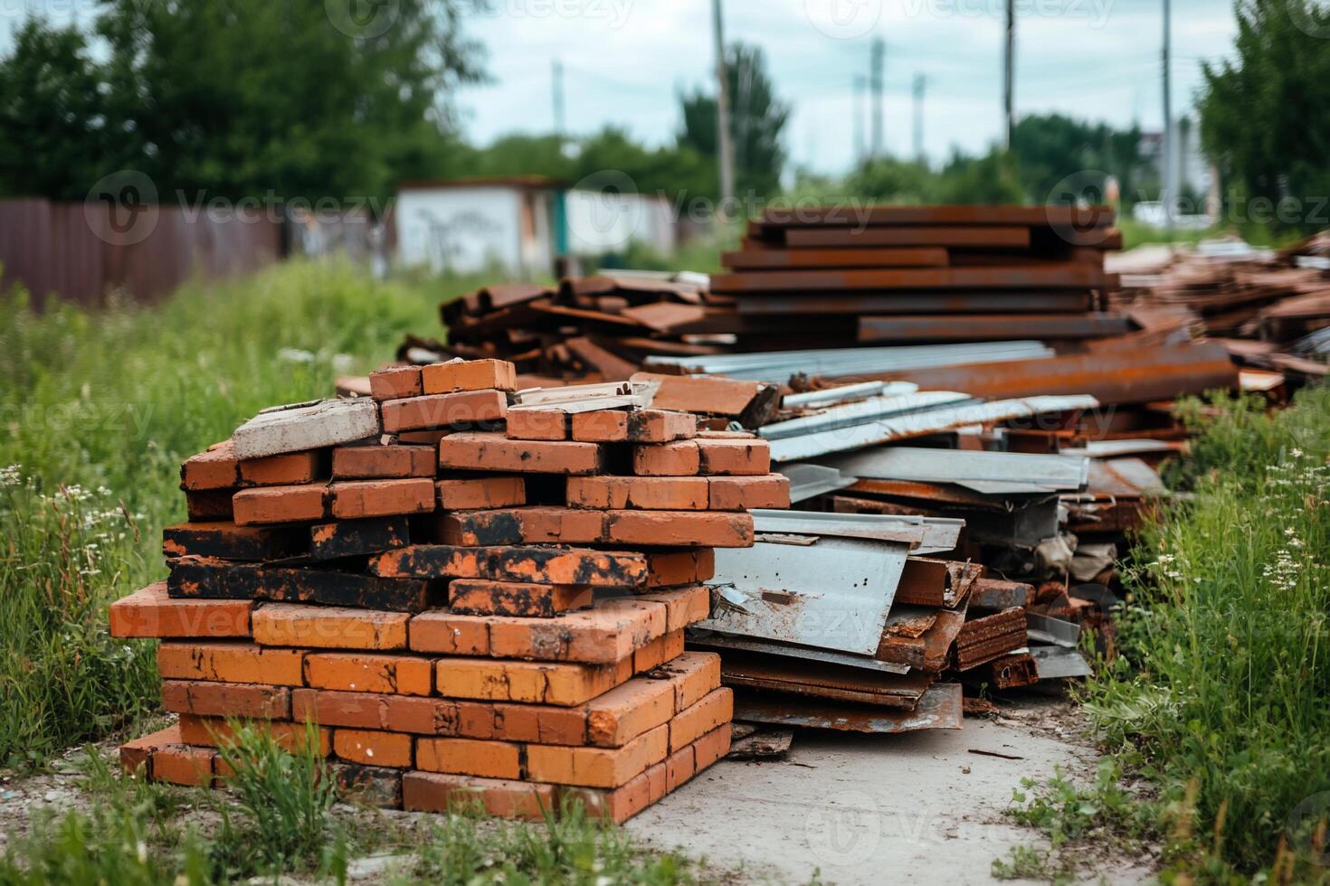 A pile of discarded bricks and metal sheets in an overgrown area. photo