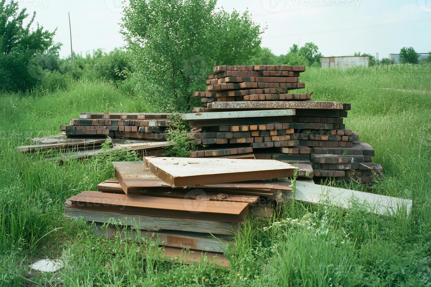A pile of wooden planks and scraps in a grassy area. photo