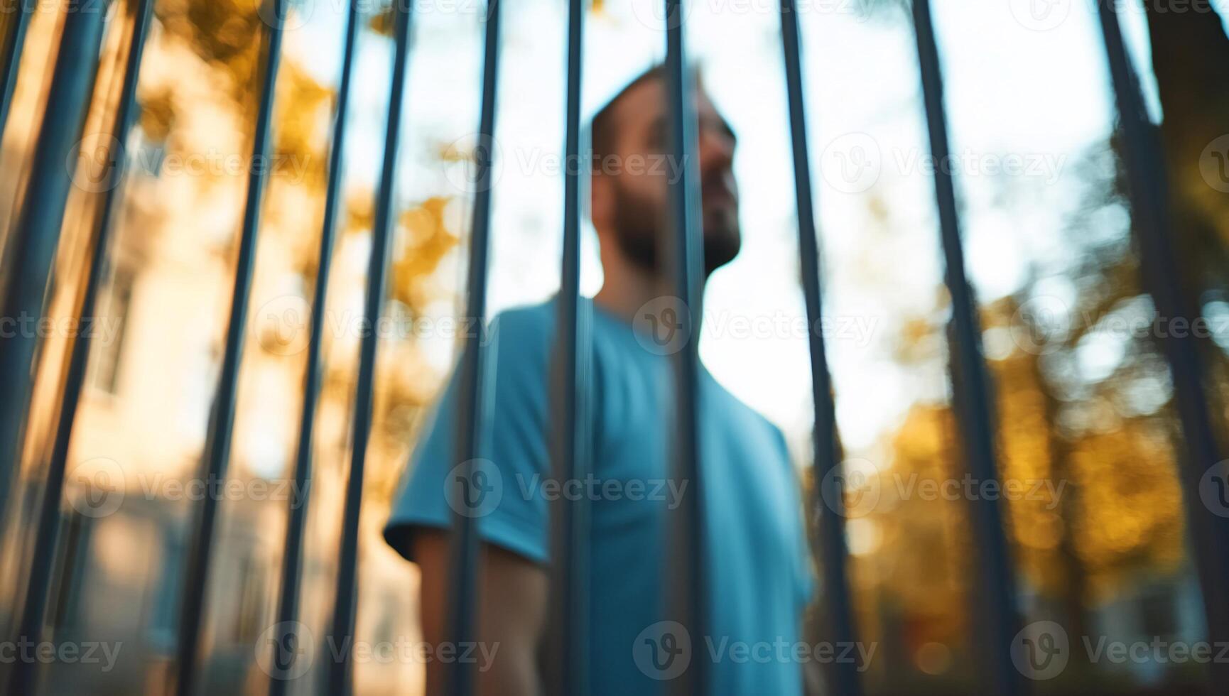A blurred figure stands behind vertical bars in a serene outdoor setting. photo