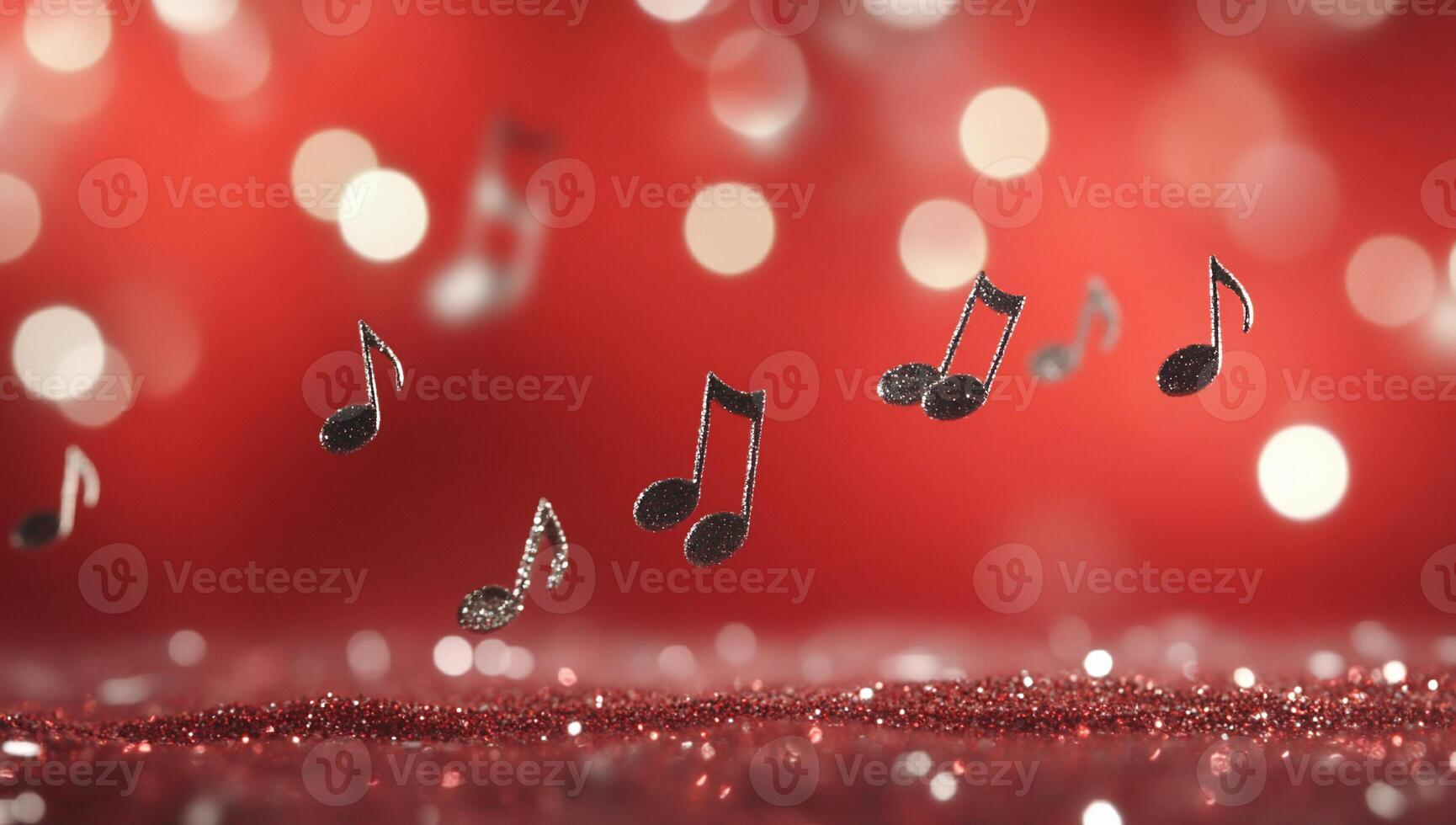 Musical notes floating against a sparkling red background. photo