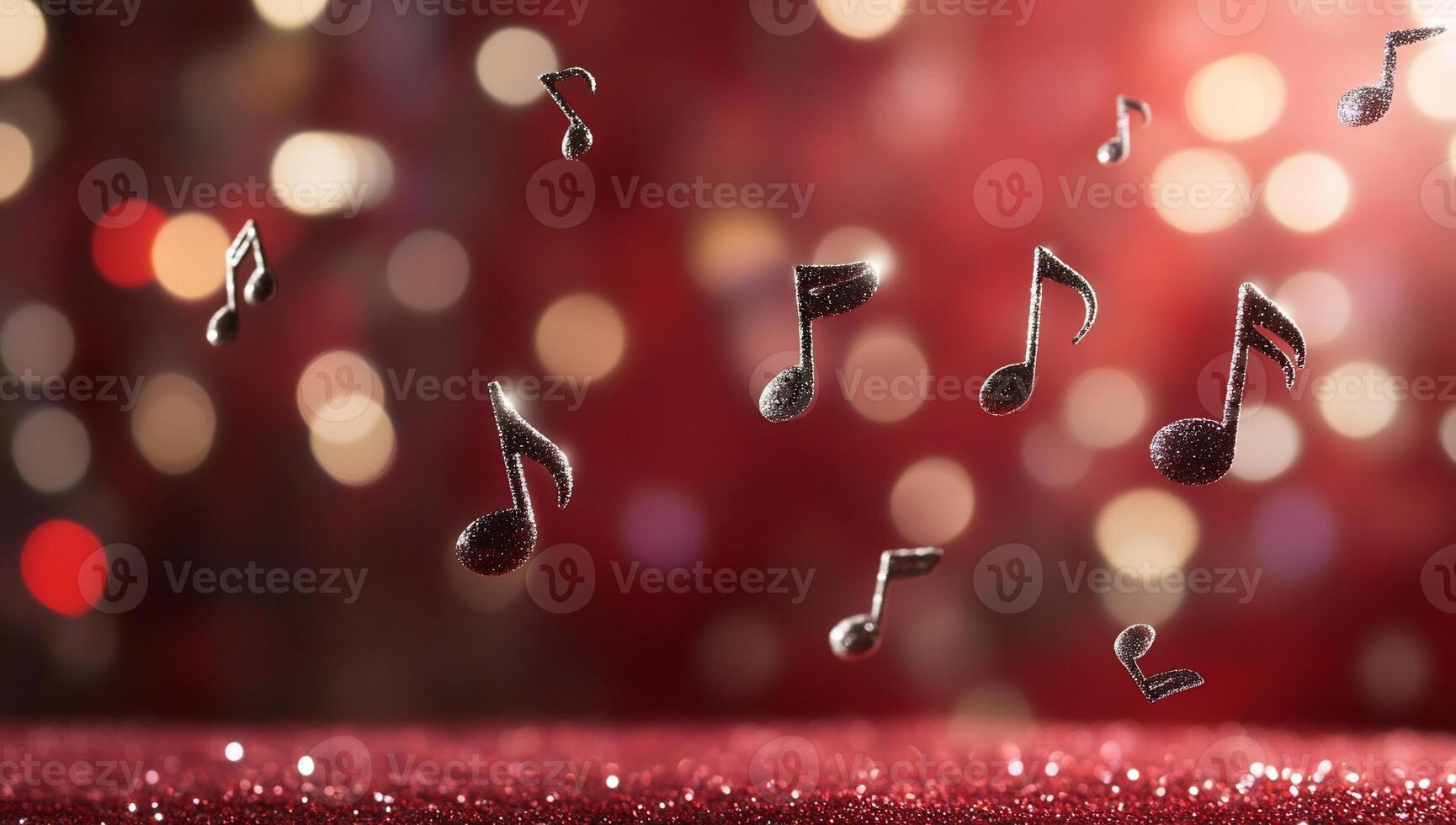 A festive background with floating musical notes and bokeh lights. photo