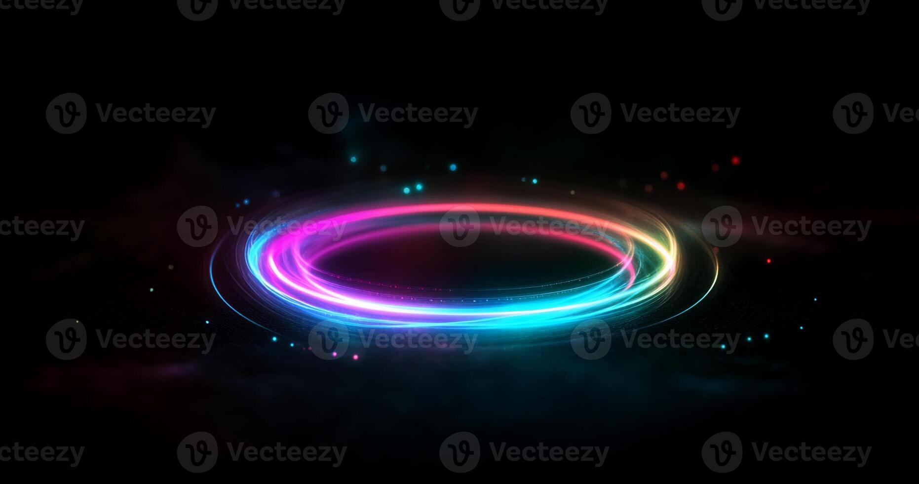 A vibrant, glowing circular design with colorful light trails. photo