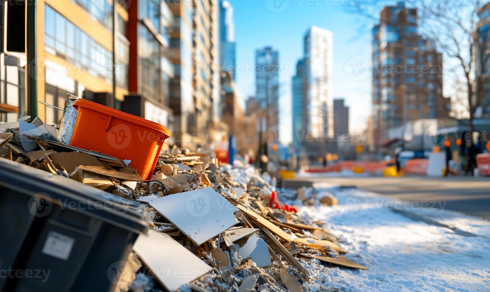 Pile of debris and waste near urban buildings in winter setting. photo