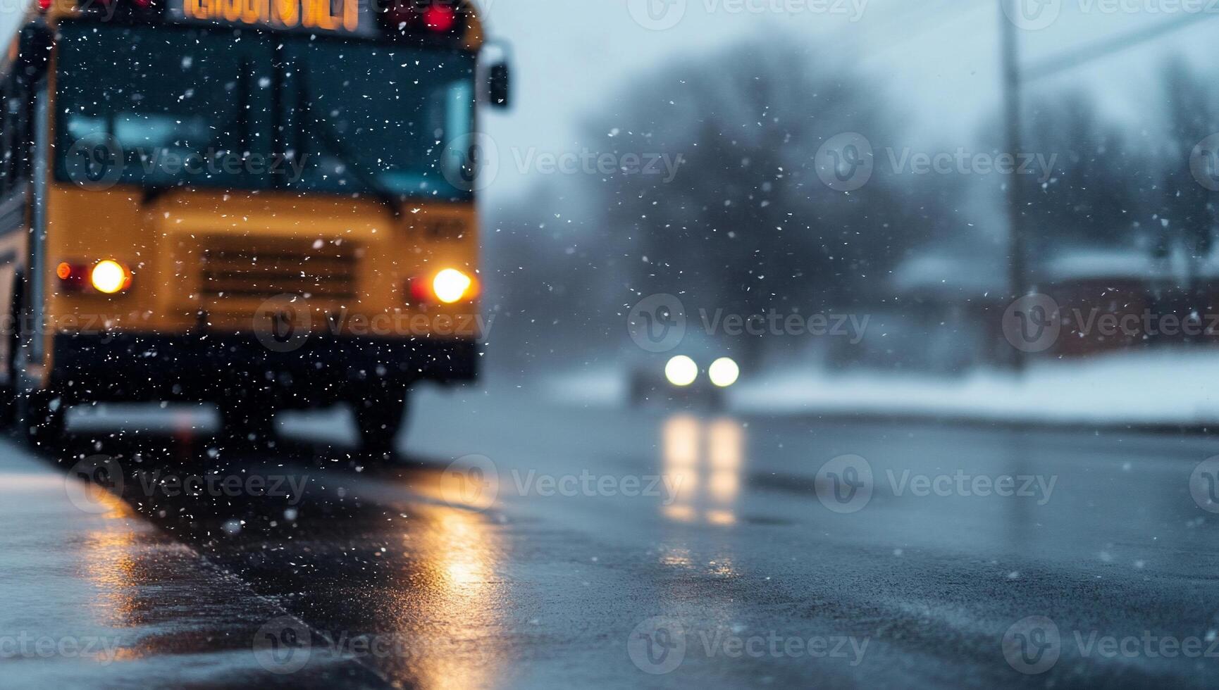A snowy scene featuring a yellow school bus on a wet road. photo