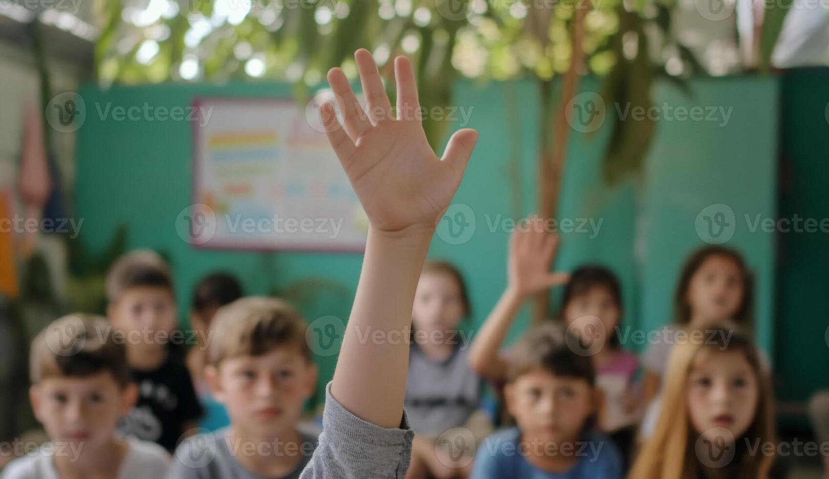 A child raises their hand in a classroom filled with attentive peers. photo