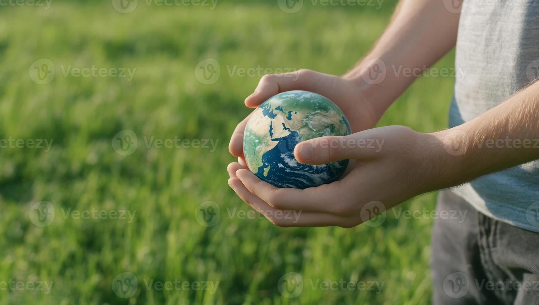 A person holding a small globe in a grassy field, symbolizing care for Earth. photo