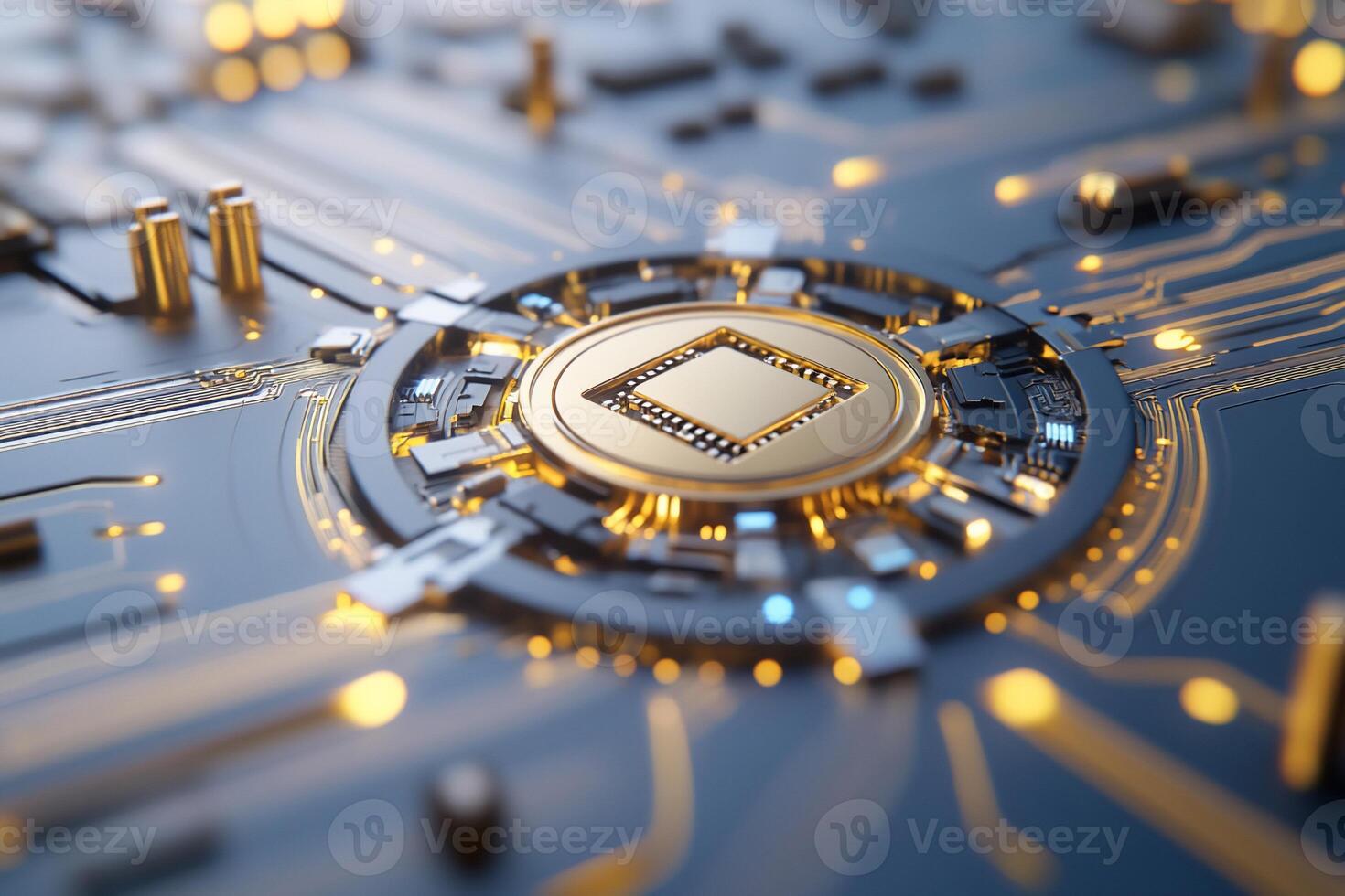 A close-up of a computer chip on a circuit board, highlighting technology. photo