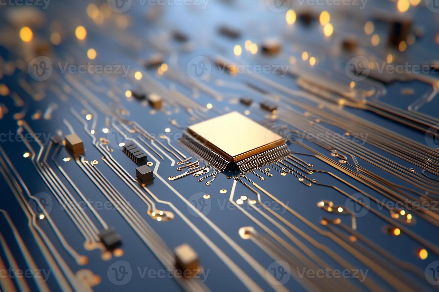 Close-up of a circuit board showcasing a microchip and connections. photo