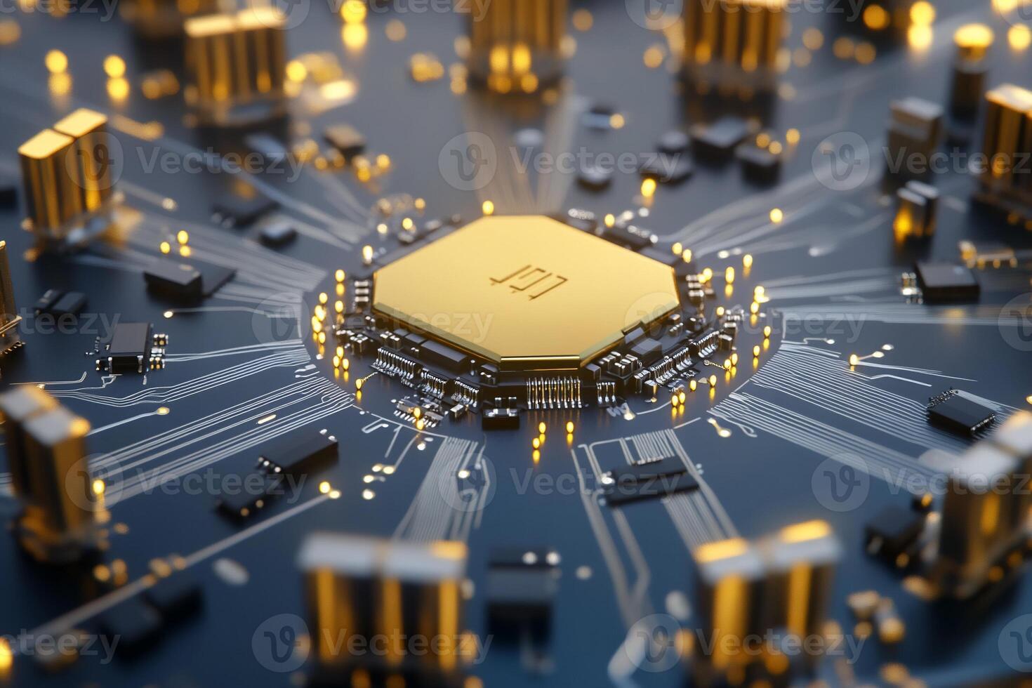 A close-up of a circuit board with a central hexagonal processor. photo