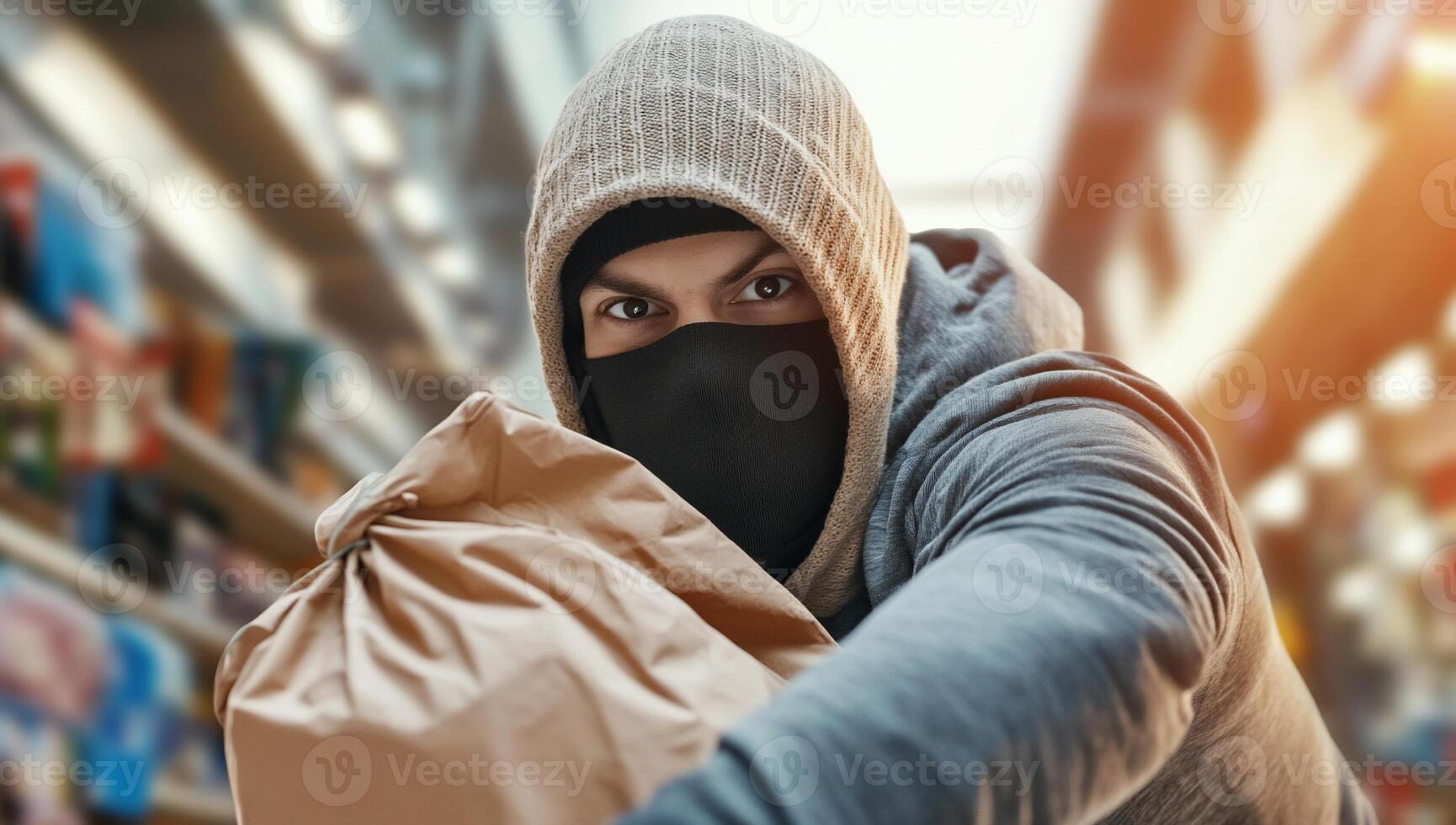 A person in a hoodie and mask appears to be stealing a bag. photo