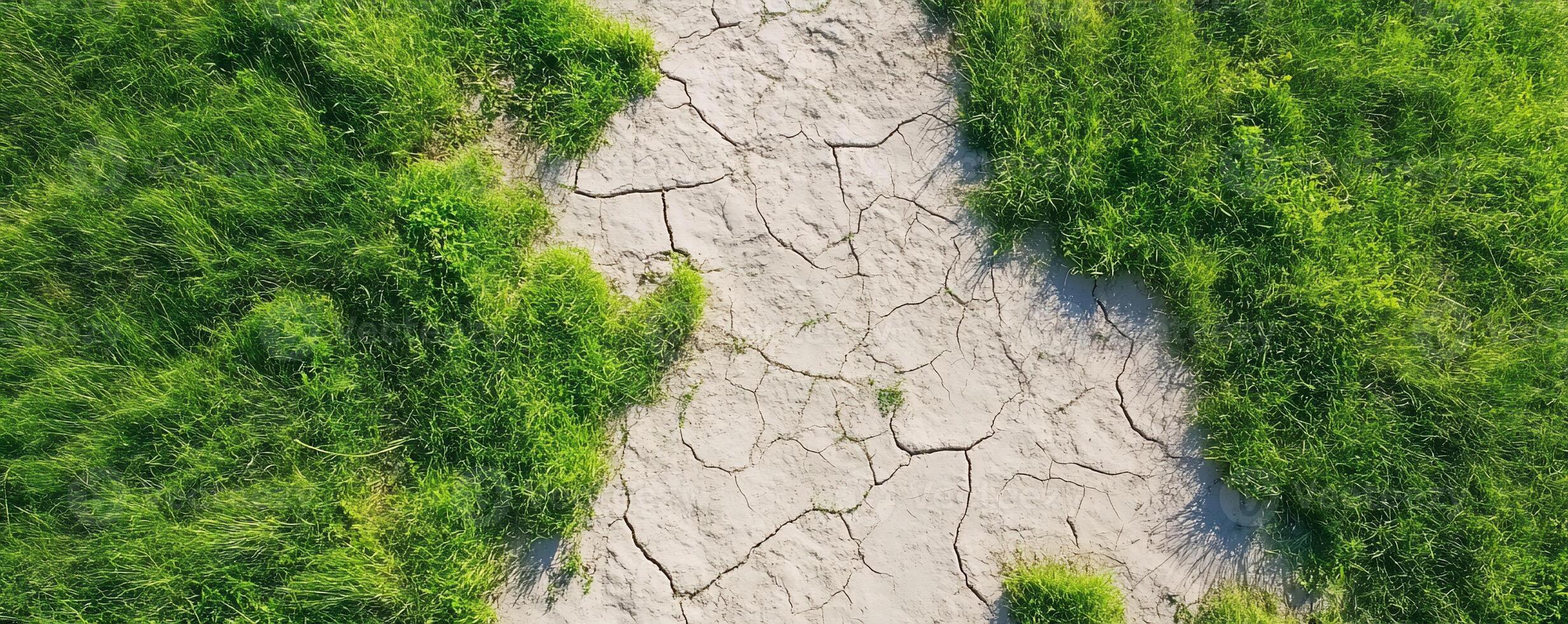 A cracked earth path bordered by lush green grass. photo