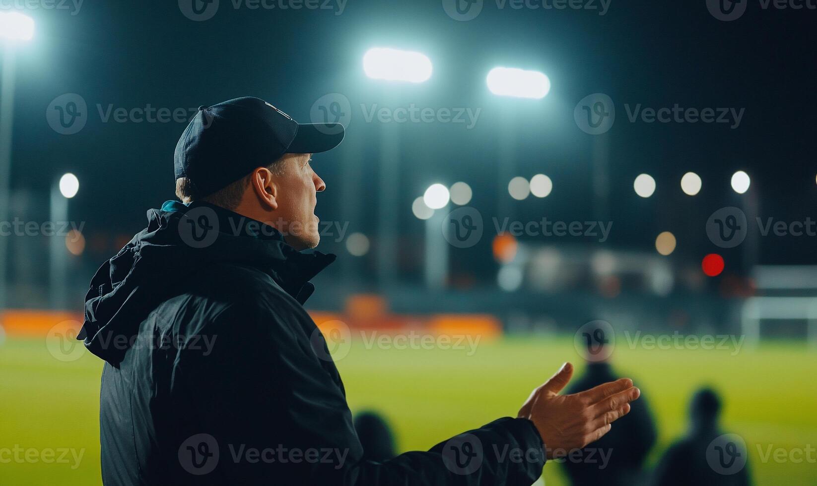 A coach giving instructions during a night soccer practice session. photo