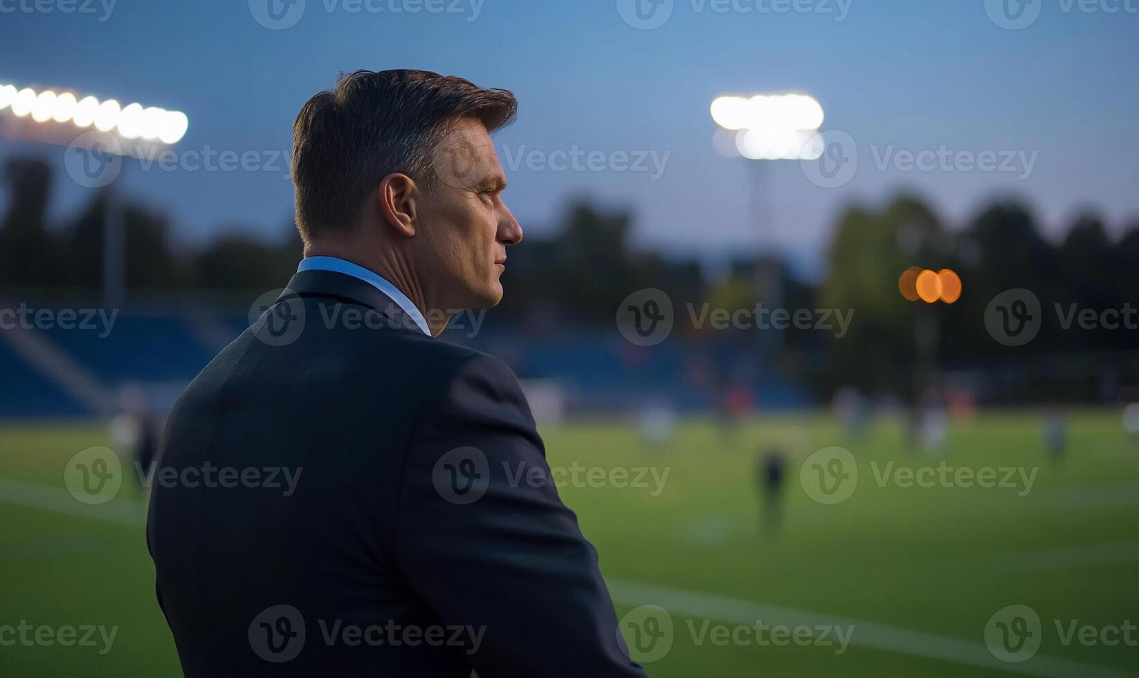 A man in a suit observes a soccer game at dusk. photo