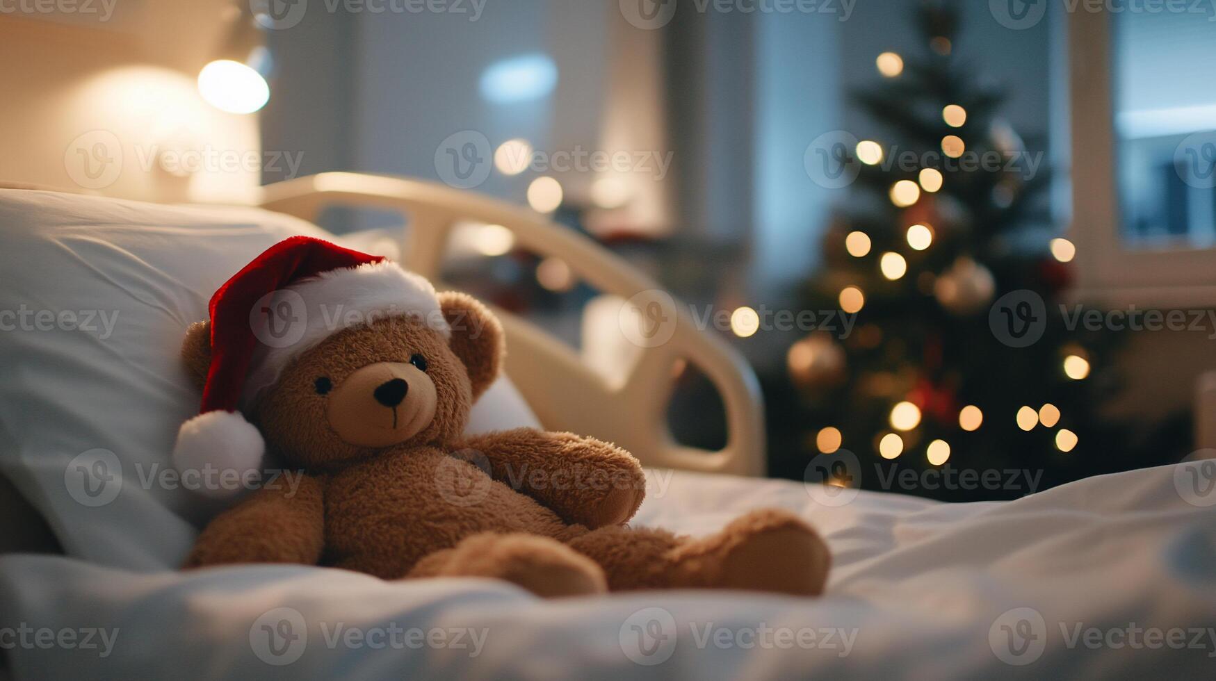 A teddy bear in a festive setting, symbolizing comfort and joy. photo