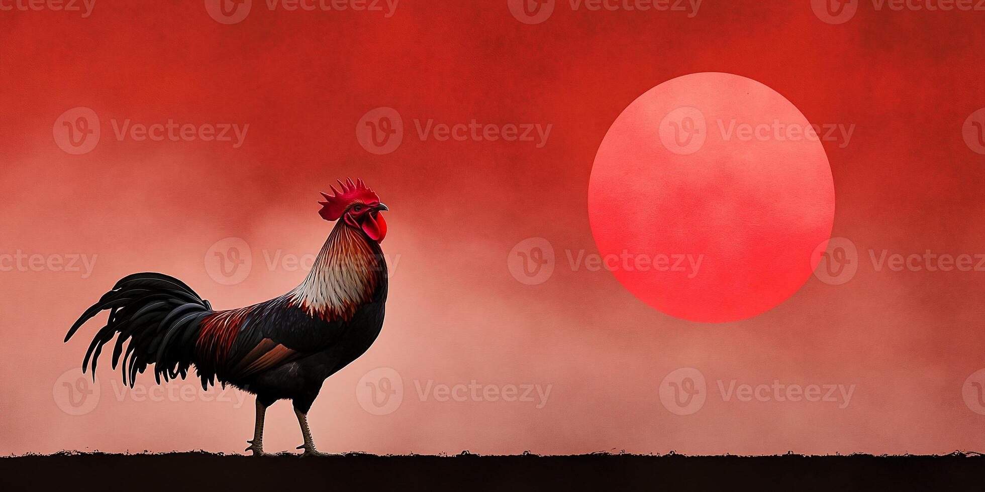 A silhouette of a rooster against a dramatic red sunset. photo