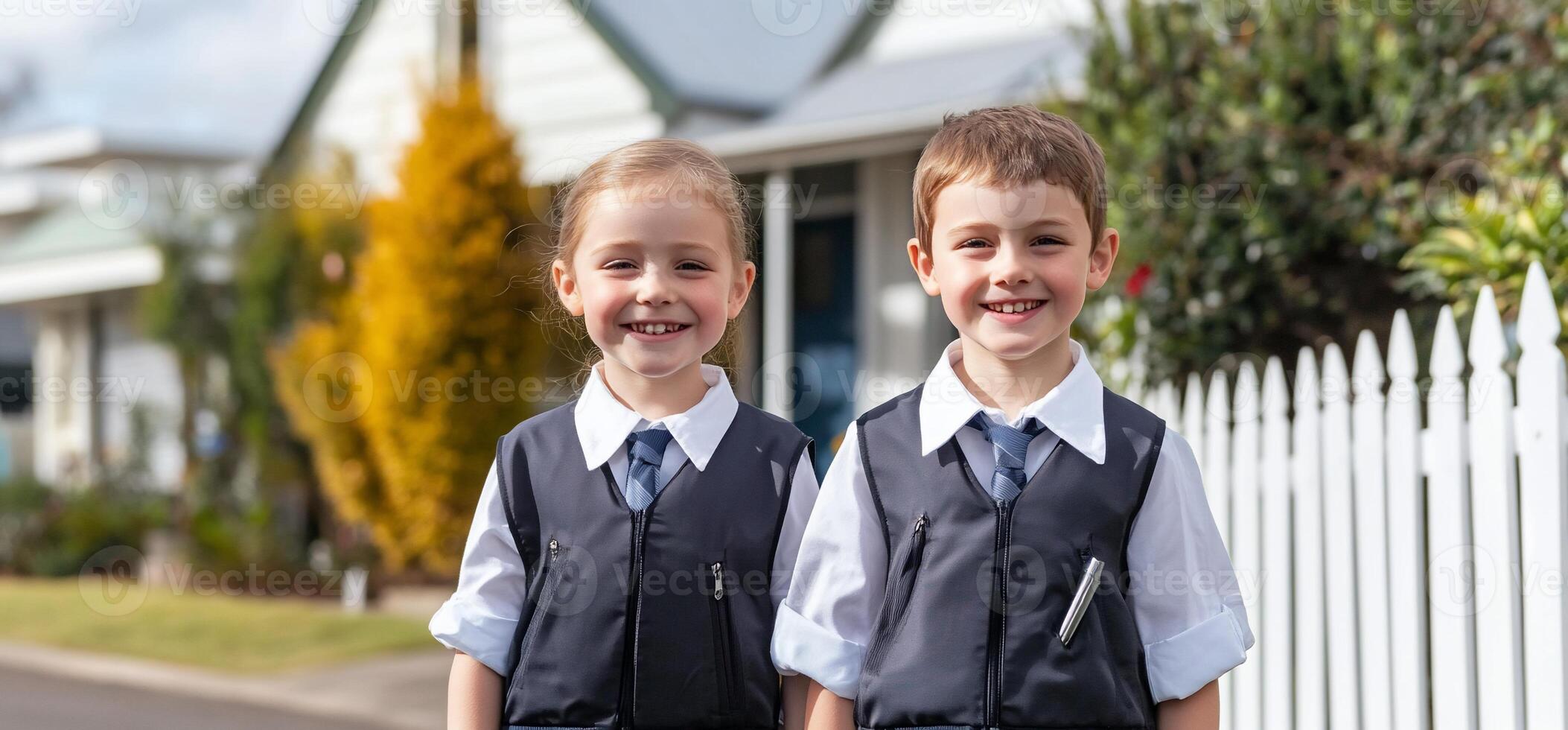 Two smiling children in uniforms stand in front of a house. photo
