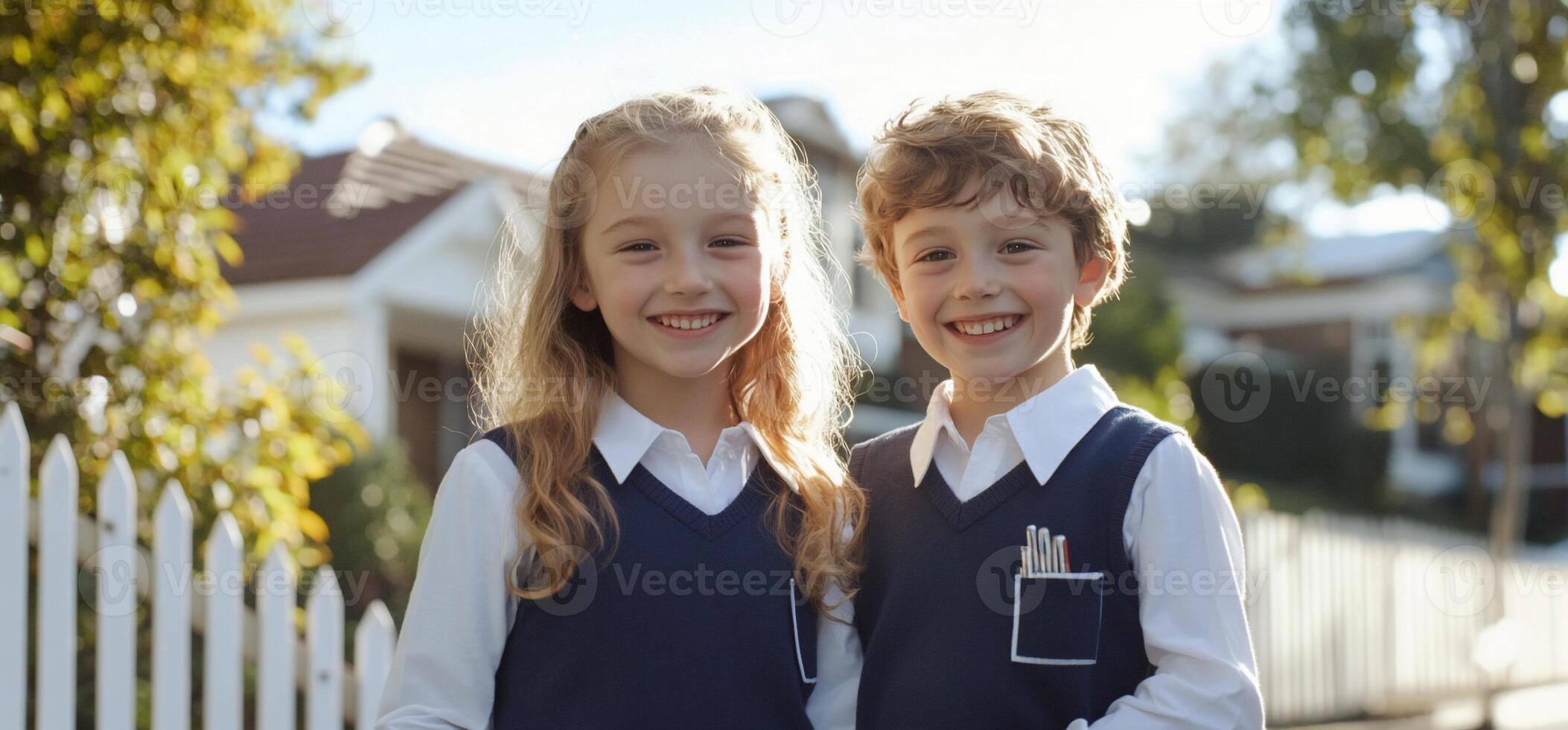 Two smiling children in school uniforms pose outdoors by a fence. photo