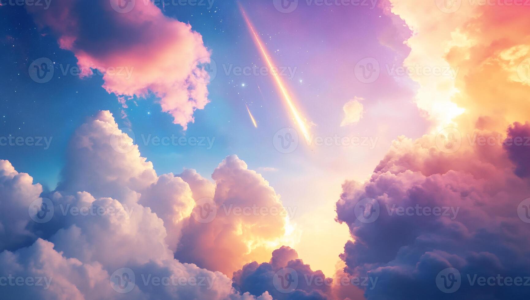 A vibrant sky filled with colorful clouds and shooting stars at dusk. photo