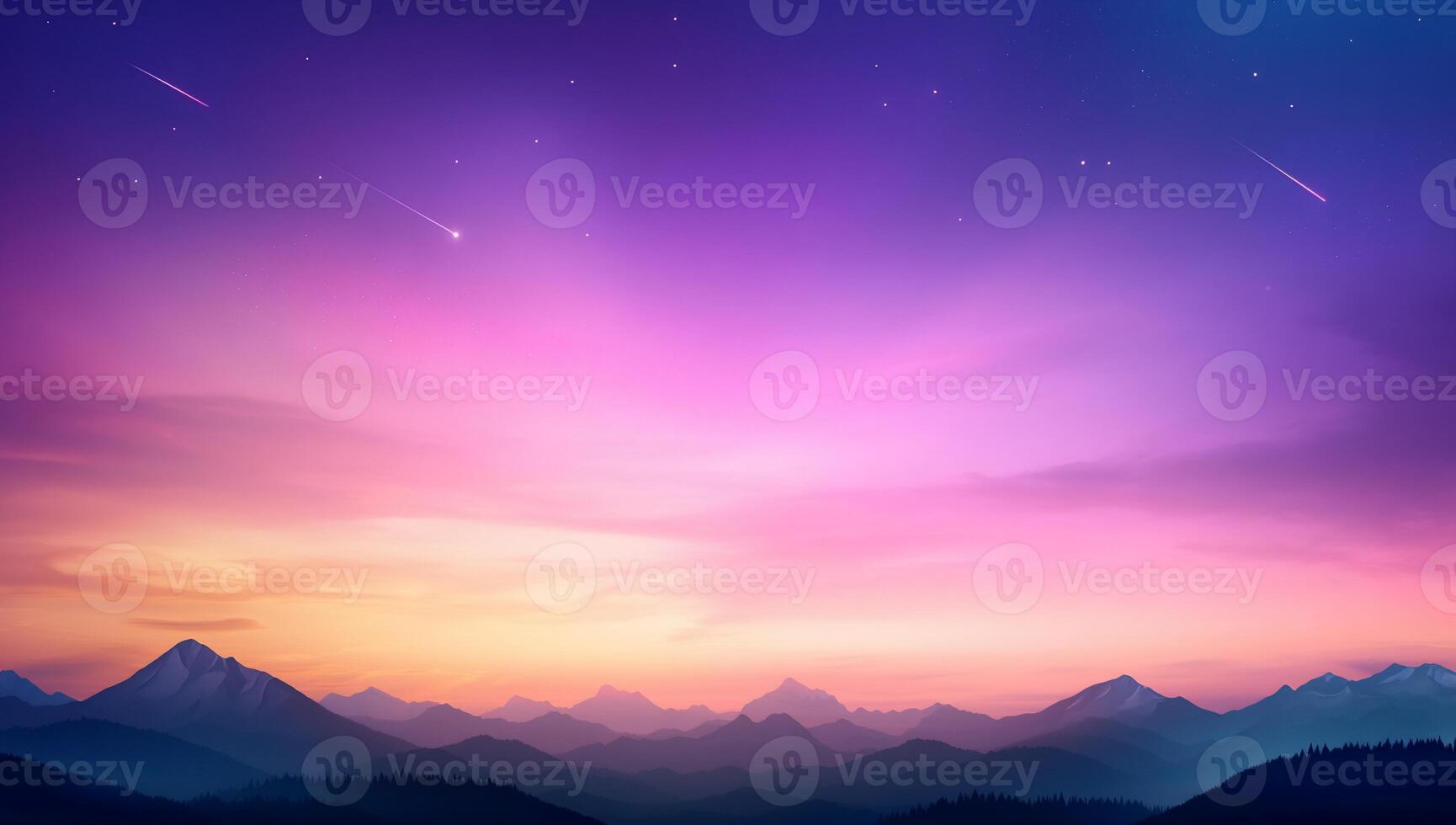 A serene mountain landscape at twilight with a colorful sky. photo