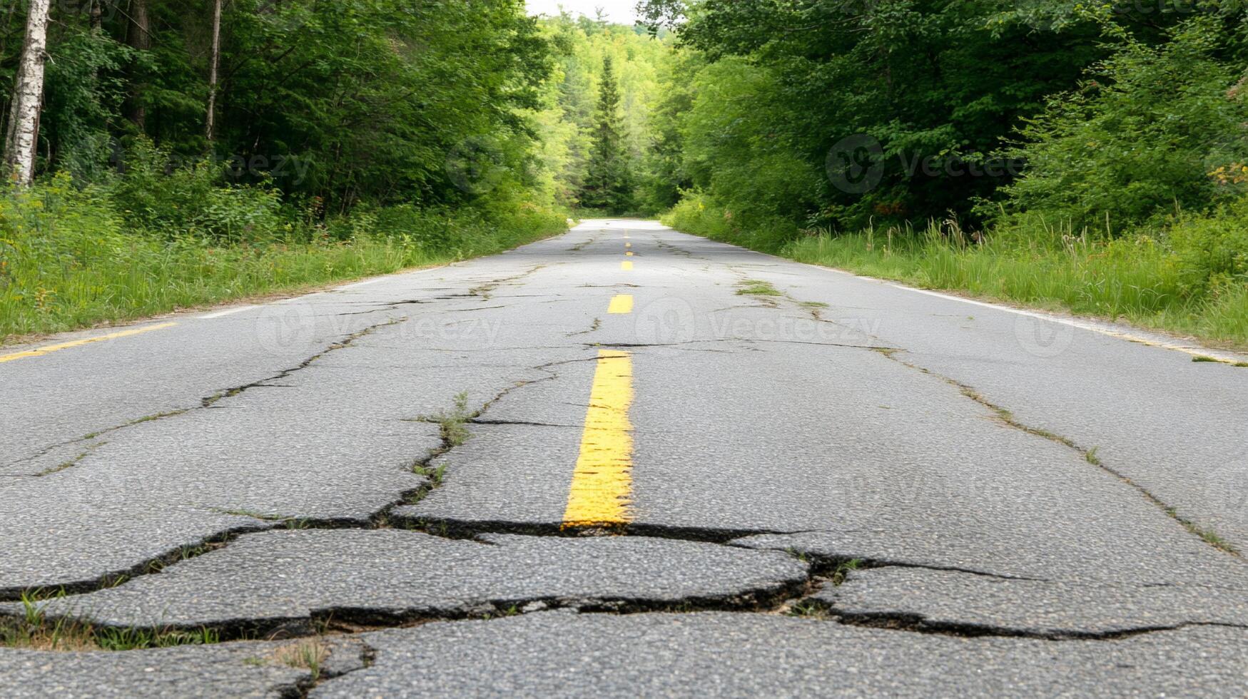 Cracked road surrounded by lush greenery, indicating neglect or damage. photo