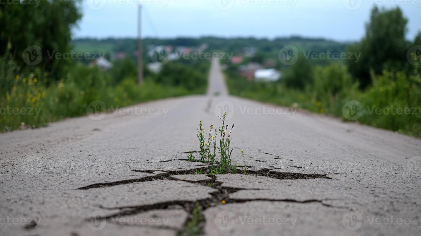 A cracked road with grass growing through the fissures in a rural setting. photo